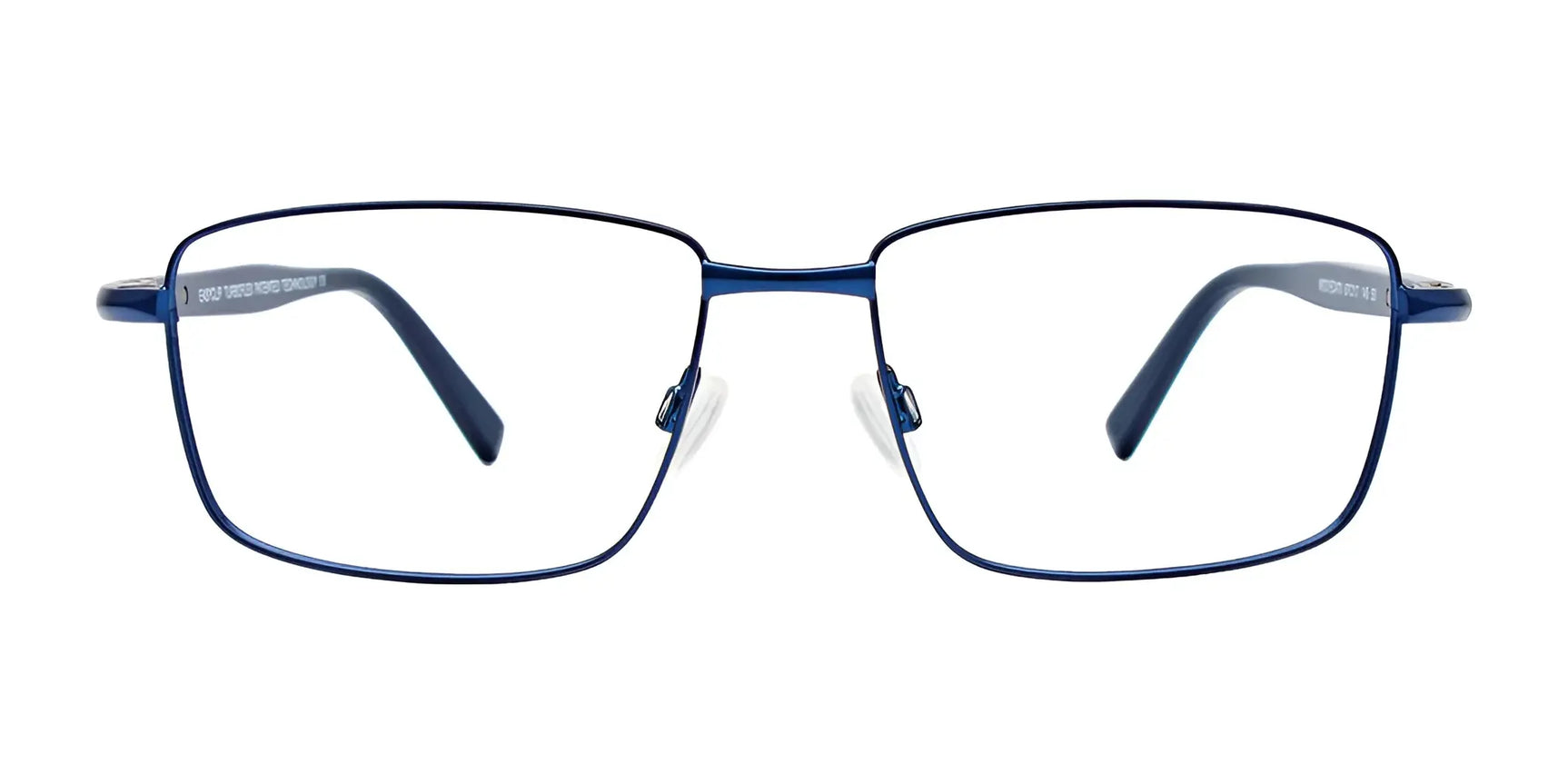 EasyClip EC470 Eyeglasses with clear rectangular blue metal frames (Size 57) shown front view on white background; includes clip-on sunglasses. EasyClip EC470 Eyeglasses with clear rectangular blue metal frames (Size 57) shown front view on white background; includes clip-on sunglasses.