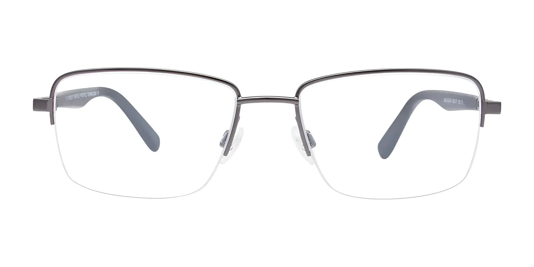 Front view of EasyClip EC472 Eyeglasses with Clip-on Sunglasses, size 53, featuring a rectangular semi-rimless metal frame with black temple arms by EasyClip. Designed for easy clip-on sun protection. Front view of EasyClip EC472 Eyeglasses with Clip-on Sunglasses, size 53, featuring a rectangular semi-rimless metal frame with black temple arms by EasyClip. Designed for easy clip-on sun protection.