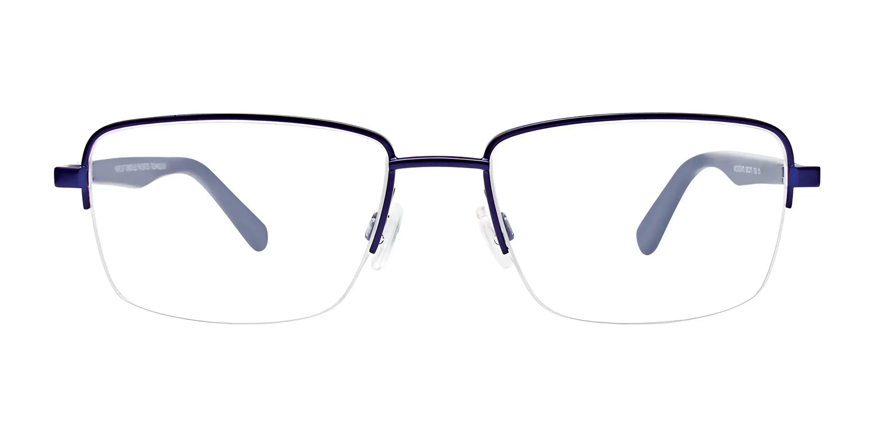 The EasyClip EC472 Eyeglasses by EasyClip, size 53, are blue and silver rectangular half-rim frames with clear lenses and a clip-on polarized sunglasses feature. Shown on a white background. The EasyClip EC472 Eyeglasses by EasyClip, size 53, are blue and silver rectangular half-rim frames with clear lenses and a clip-on polarized sunglasses feature. Shown on a white background.