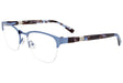 EasyClip EC474 Eyeglasses in Satin Blue, size 51, feature patterned brown and blue arms with gold accents near the hinges for a stylish, high-quality look. EasyClip EC474 Eyeglasses in Satin Blue, size 51, feature patterned brown and blue arms with gold accents near the hinges for a stylish, high-quality look.