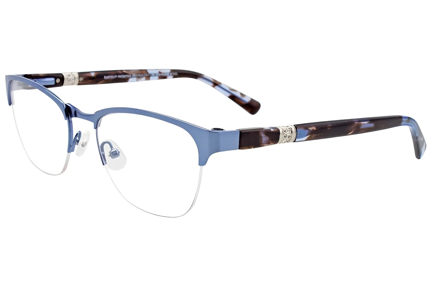 EasyClip EC474 Eyeglasses in Satin Blue, size 51, feature patterned brown and blue arms with gold accents near the hinges for a stylish, high-quality look. EasyClip EC474 Eyeglasses in Satin Blue, size 51, feature patterned brown and blue arms with gold accents near the hinges for a stylish, high-quality look.