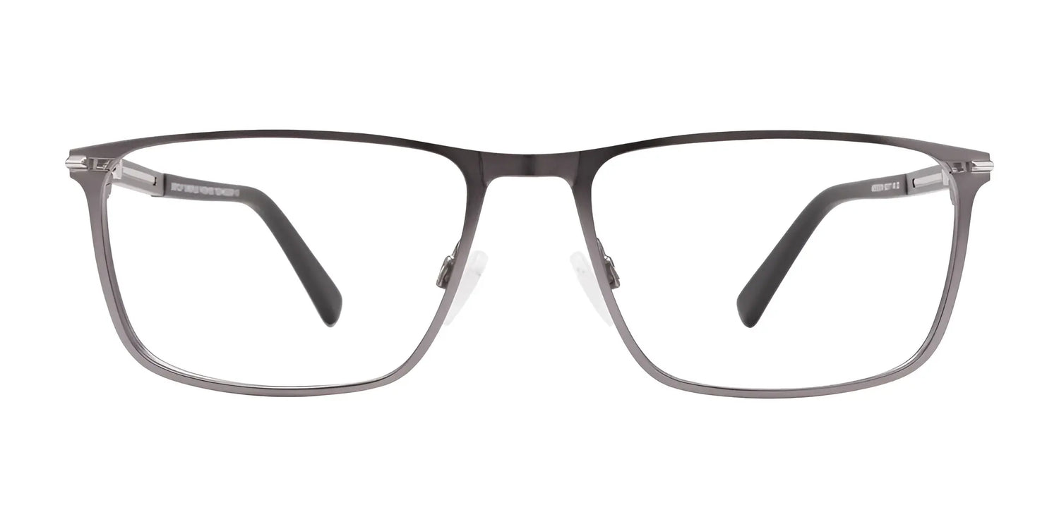 EasyClip EC476 Eyeglasses by EasyClip feature rectangular metal frames with black temples and include a polarized clip-on sunglasses attachment for convenience. Shown front view on a white background. Size 55. EasyClip EC476 Eyeglasses by EasyClip feature rectangular metal frames with black temples and include a polarized clip-on sunglasses attachment for convenience. Shown front view on a white background. Size 55.