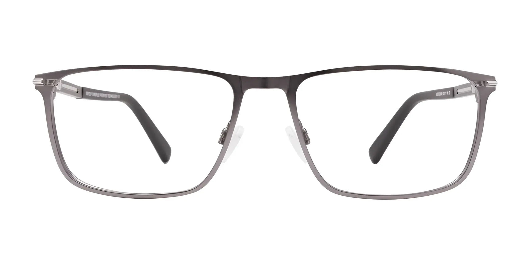 EasyClip EC476 Eyeglasses by EasyClip feature rectangular metal frames with black temples and include a polarized clip-on sunglasses attachment for convenience. Shown front view on a white background. Size 55. EasyClip EC476 Eyeglasses by EasyClip feature rectangular metal frames with black temples and include a polarized clip-on sunglasses attachment for convenience. Shown front view on a white background. Size 55.