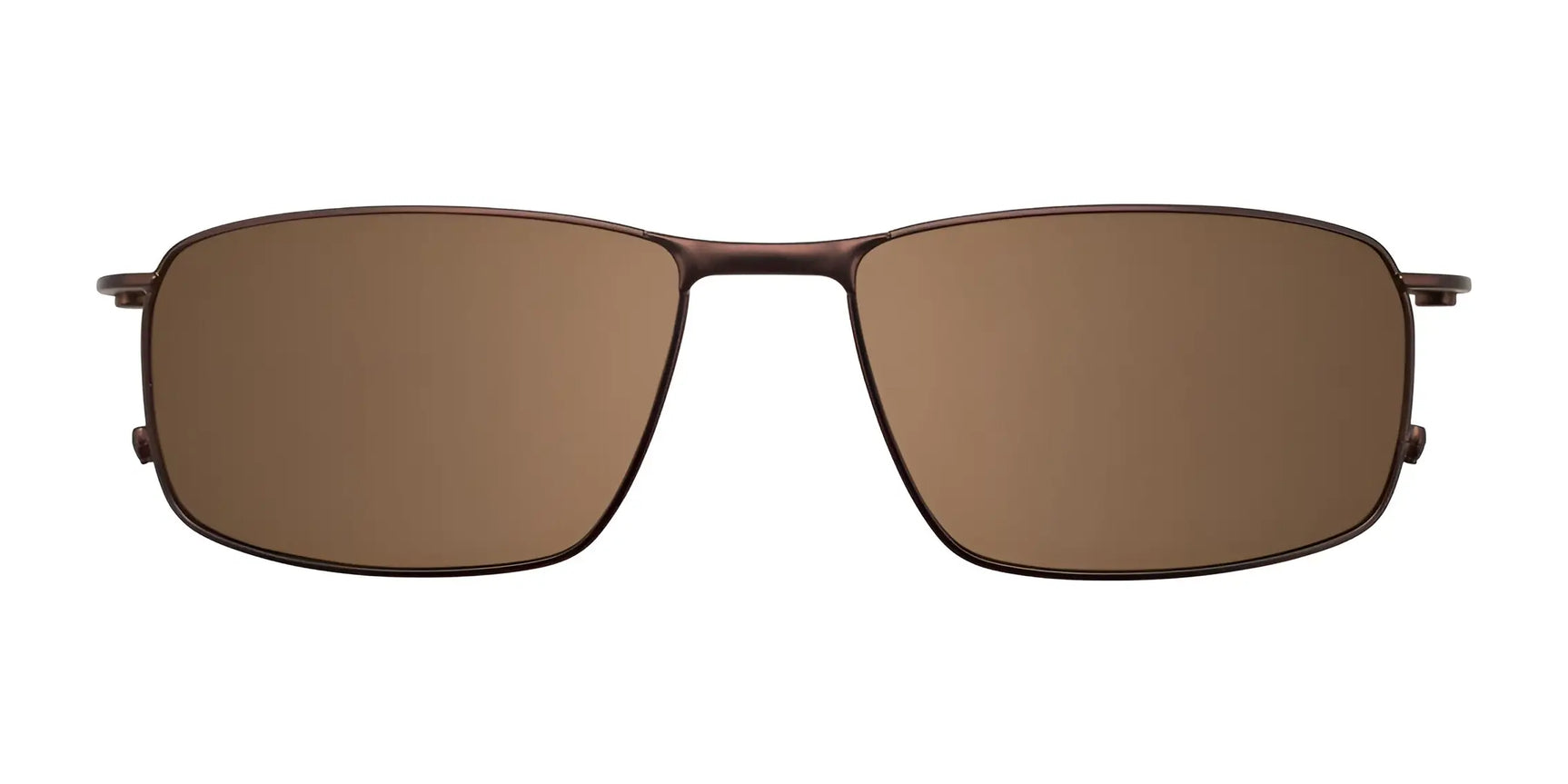 Front view of EasyClip EC477 rectangular metal eyeglasses in brown, size 54, with clip-on brown-tinted sunglasses on a white background. Front view of EasyClip EC477 rectangular metal eyeglasses in brown, size 54, with clip-on brown-tinted sunglasses on a white background.