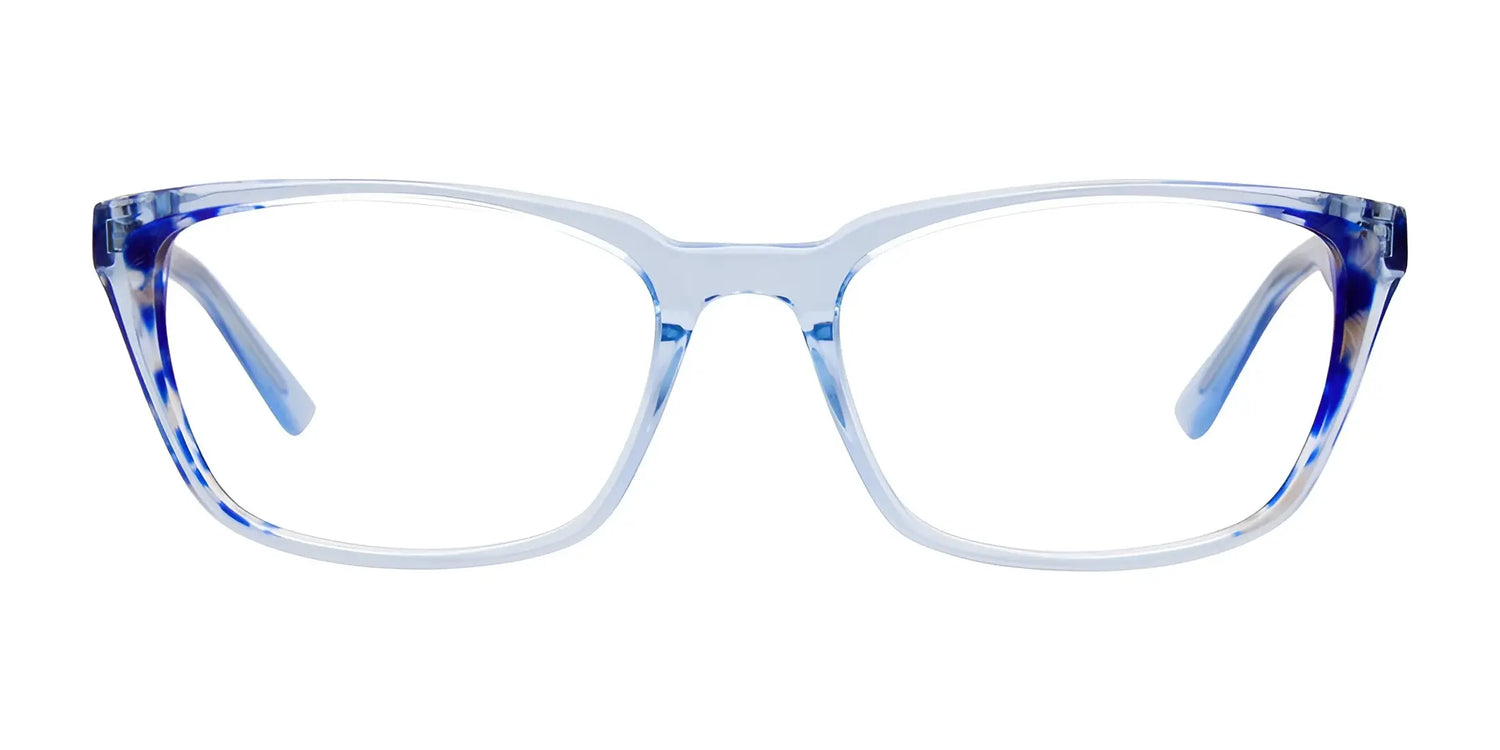 Translucent light blue rectangular EasyClip EC483 Eyeglasses by EasyClip, size 53, with clear lenses. Shown on a white background. Includes clip-on sunglasses for versatile style. Translucent light blue rectangular EasyClip EC483 Eyeglasses by EasyClip, size 53, with clear lenses. Shown on a white background. Includes clip-on sunglasses for versatile style.