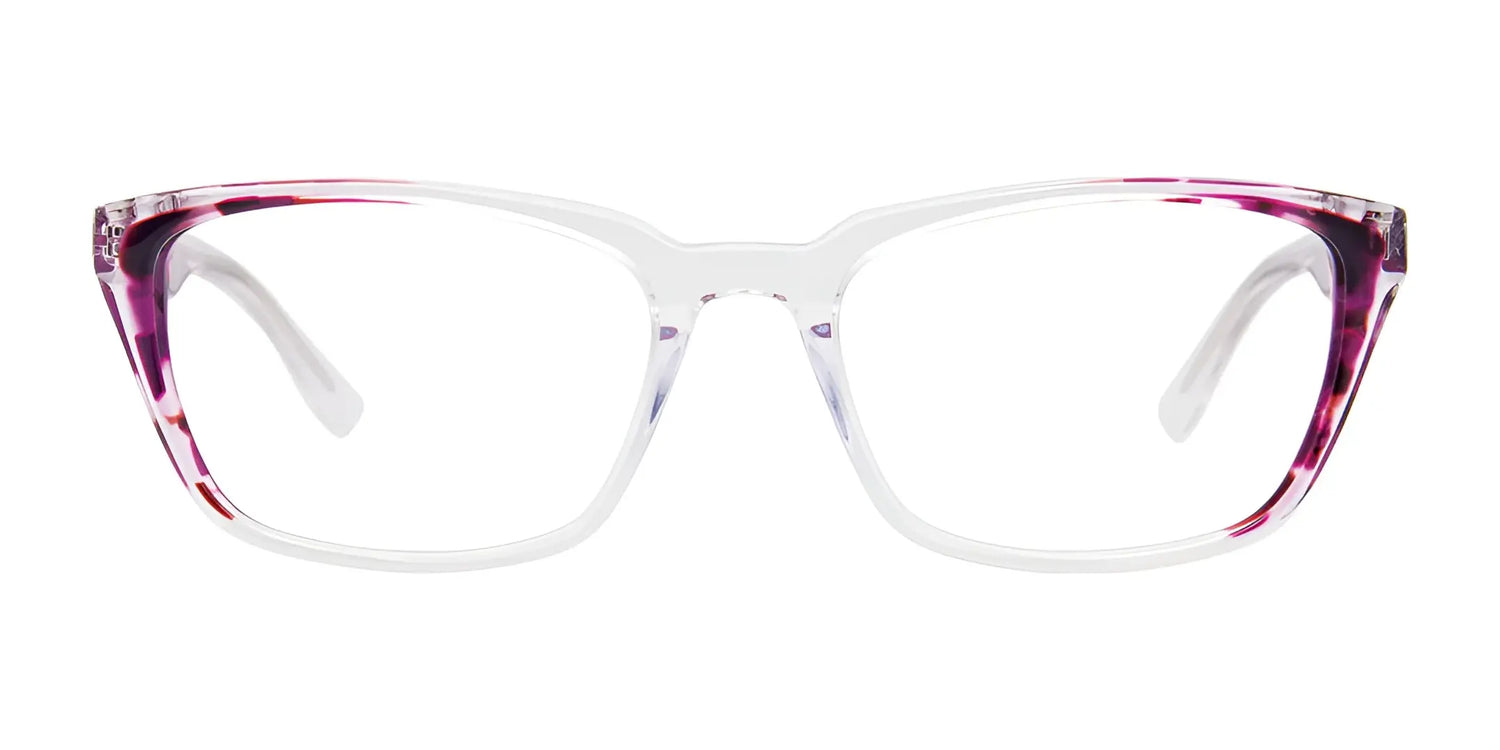 The EasyClip EC483 Eyeglasses by EasyClip feature clear frames with pink and purple accents and come with clip-on sunglasses, offering versatile style. Size 53. The EasyClip EC483 Eyeglasses by EasyClip feature clear frames with pink and purple accents and come with clip-on sunglasses, offering versatile style. Size 53.