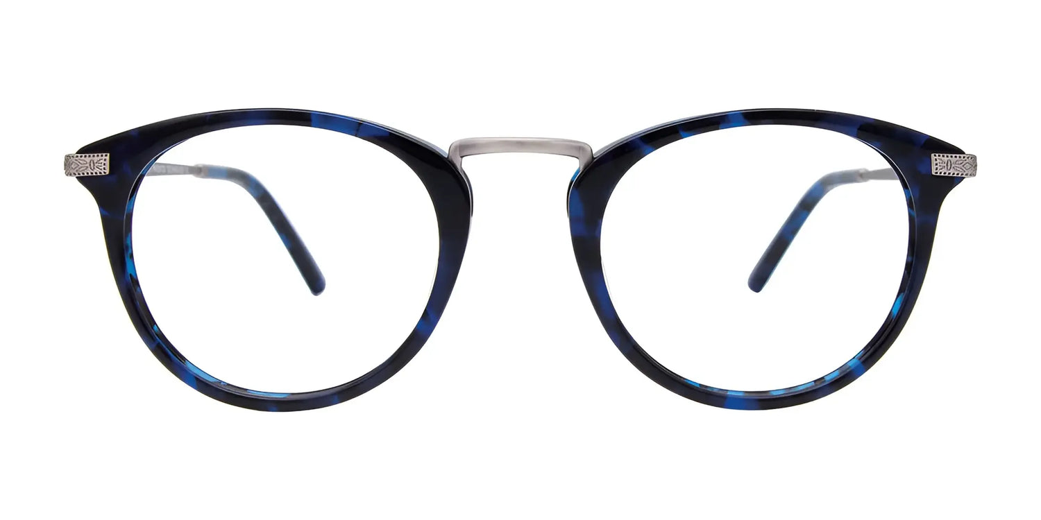 EasyClip EC485 Eyeglasses by EasyClip, size 49, feature round blue and black tortoiseshell frames with a silver bridge and come with a matching polarized clip-on sunglasses attachment. Viewed from the front. EasyClip EC485 Eyeglasses by EasyClip, size 49, feature round blue and black tortoiseshell frames with a silver bridge and come with a matching polarized clip-on sunglasses attachment. Viewed from the front.