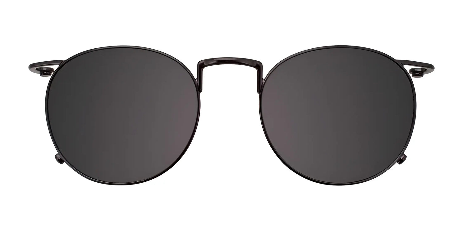 EasyClip EC485 Eyeglasses with round black clip-on polarized sunglasses, shown from the front on a white background. Convenient and stylish eyewear by EasyClip, size 49. EasyClip EC485 Eyeglasses with round black clip-on polarized sunglasses, shown from the front on a white background. Convenient and stylish eyewear by EasyClip, size 49.