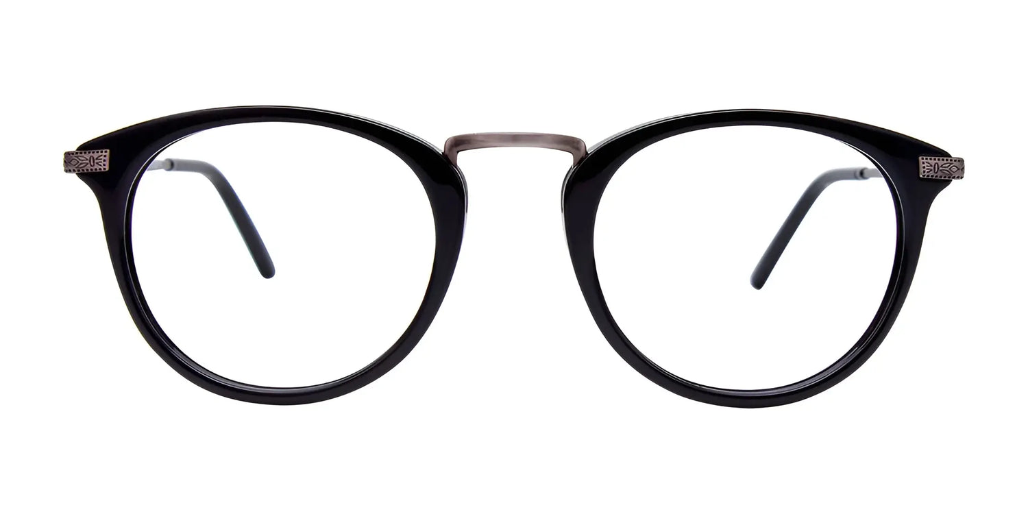 EasyClip EC485 Eyeglasses with Clip-on Sunglasses, size 49, by EasyClip shown from the front on a white background. Features a black round frame with metal bridge and includes compatible clip-on sunglasses for extra versatility. EasyClip EC485 Eyeglasses with Clip-on Sunglasses, size 49, by EasyClip shown from the front on a white background. Features a black round frame with metal bridge and includes compatible clip-on sunglasses for extra versatility.