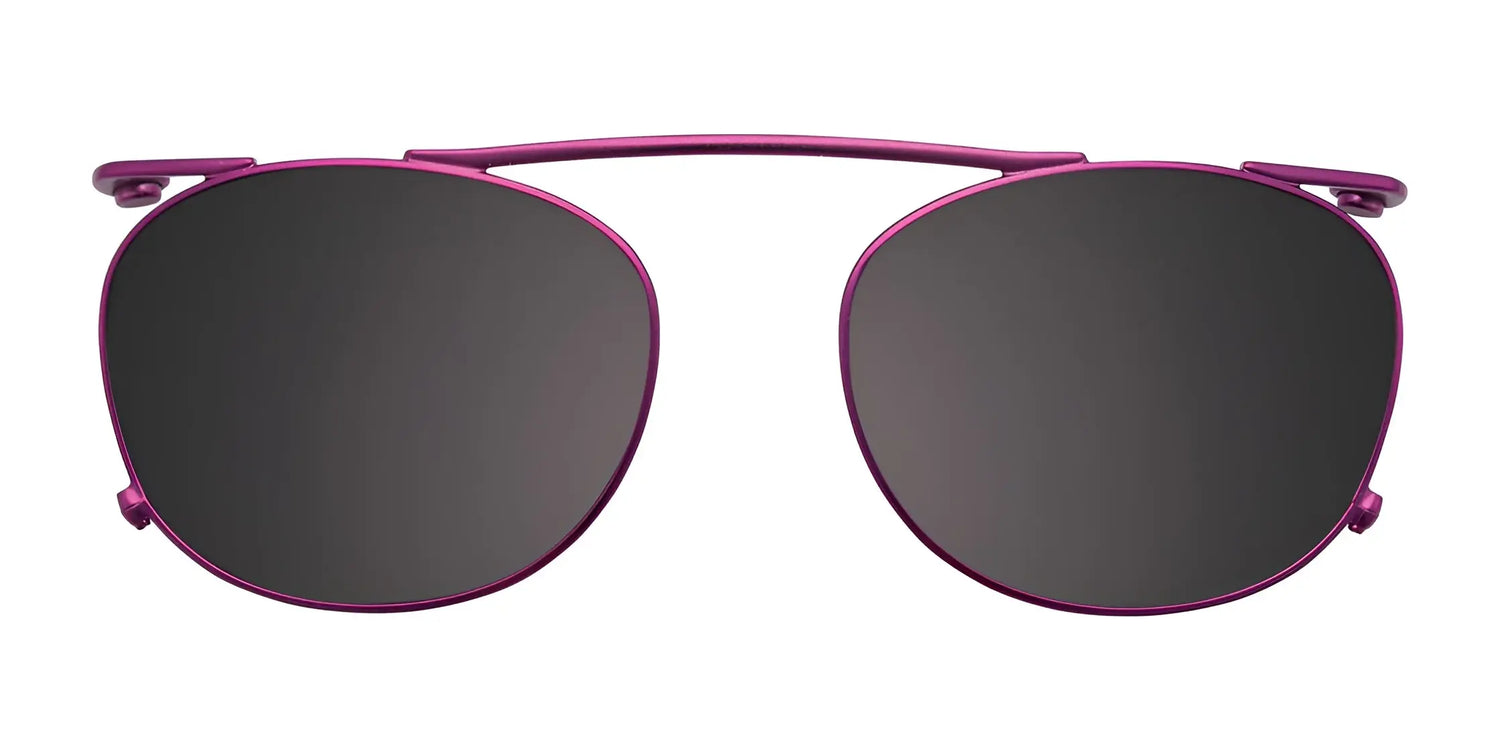 EasyClip EC486 Eyeglasses by EasyClip, size 44, shown with clip-on dark lenses and a purple rim, displayed on a white background. EasyClip EC486 Eyeglasses by EasyClip, size 44, shown with clip-on dark lenses and a purple rim, displayed on a white background.