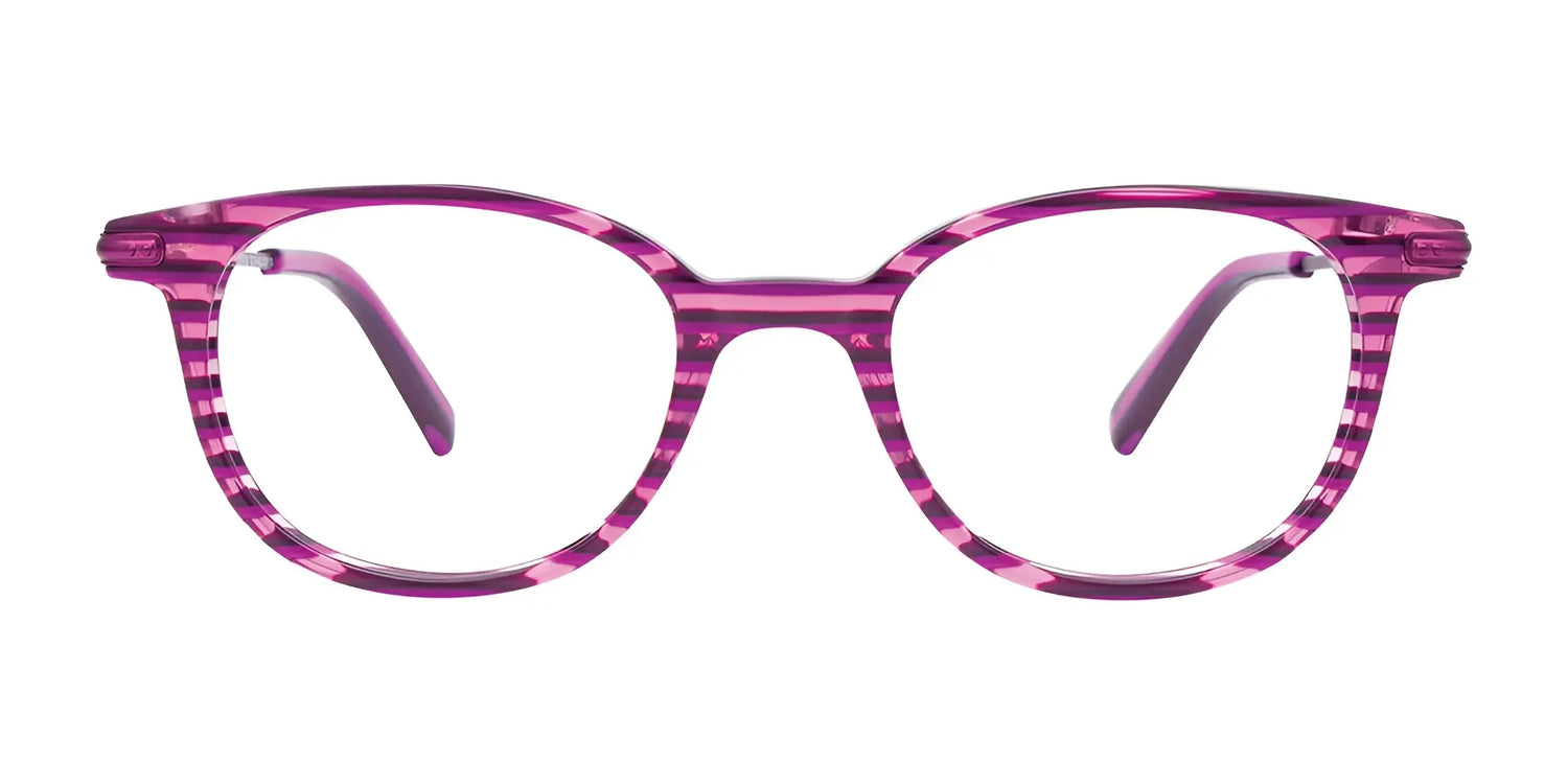 EasyClip EC486 Eyeglasses with Clip-on Sunglasses, size 44, in purple and pink stripes with round frames, shown from the front on a white background. EasyClip EC486 Eyeglasses with Clip-on Sunglasses, size 44, in purple and pink stripes with round frames, shown from the front on a white background.