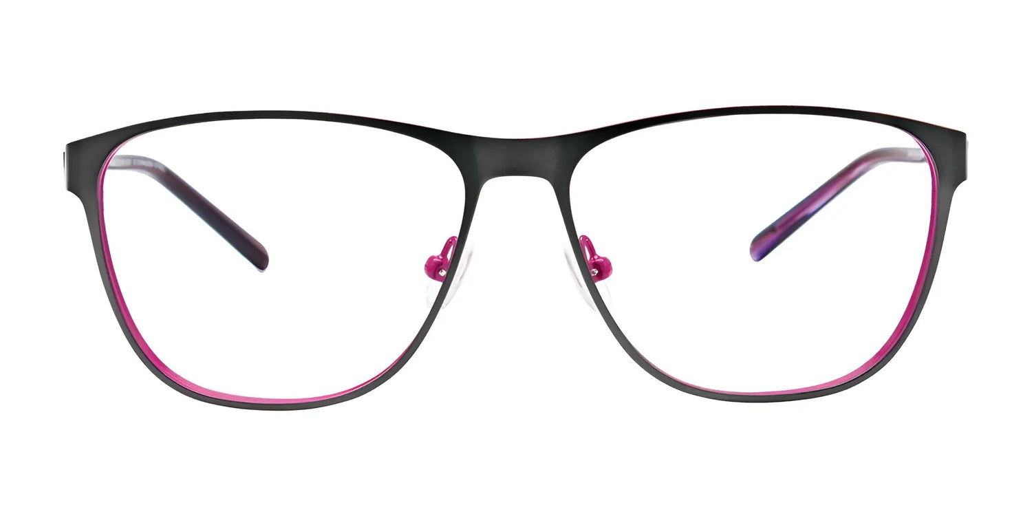 EasyClip EC487 eyeglasses by EasyClip, Size 55, shown from the front with black frames, pink inner rims, and pink nose pads on a white background. Includes clip-on sunglasses. EasyClip EC487 eyeglasses by EasyClip, Size 55, shown from the front with black frames, pink inner rims, and pink nose pads on a white background. Includes clip-on sunglasses.