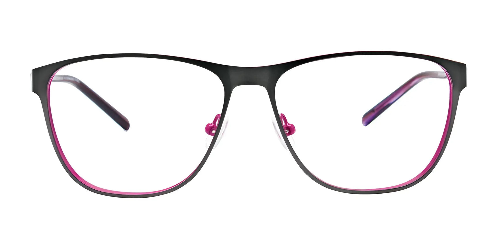 EasyClip EC487 eyeglasses by EasyClip, Size 55, shown from the front with black frames, pink inner rims, and pink nose pads on a white background. Includes clip-on sunglasses. EasyClip EC487 eyeglasses by EasyClip, Size 55, shown from the front with black frames, pink inner rims, and pink nose pads on a white background. Includes clip-on sunglasses.