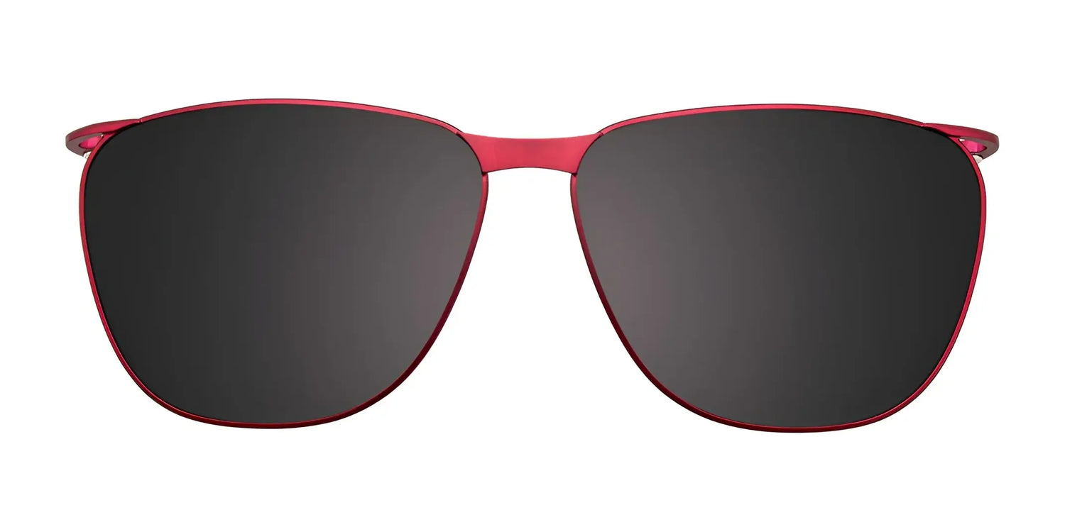 Front view of EasyClip EC487 eyeglasses with clip-on black sunglasses and a thin red metal frame by EasyClip, size 55, shown against a white background. Front view of EasyClip EC487 eyeglasses with clip-on black sunglasses and a thin red metal frame by EasyClip, size 55, shown against a white background.