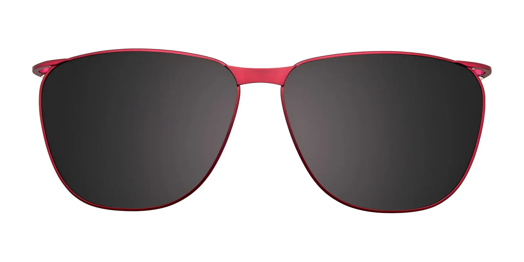 Front view of EasyClip EC487 eyeglasses with clip-on black sunglasses and a thin red metal frame by EasyClip, size 55, shown against a white background. Front view of EasyClip EC487 eyeglasses with clip-on black sunglasses and a thin red metal frame by EasyClip, size 55, shown against a white background.