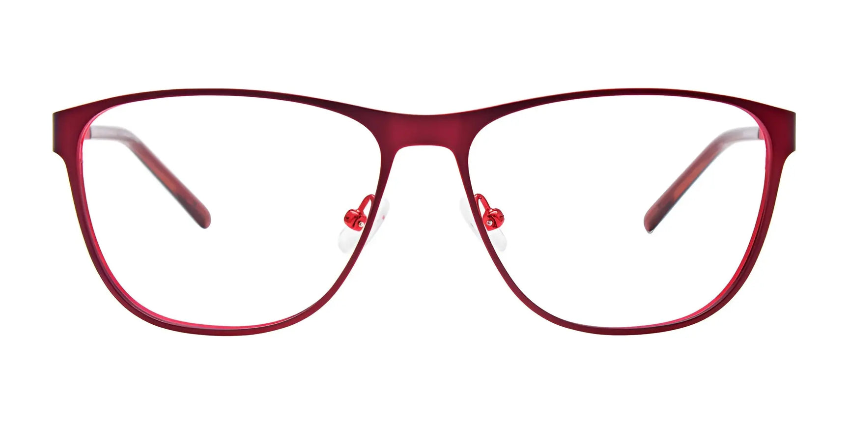 EasyClip EC487 eyeglasses in red feature rectangular frames, clear lenses, and matching nose pads. Shown on white background, they include a convenient clip-on sunglasses option for added style. Size 55. EasyClip EC487 eyeglasses in red feature rectangular frames, clear lenses, and matching nose pads. Shown on white background, they include a convenient clip-on sunglasses option for added style. Size 55.