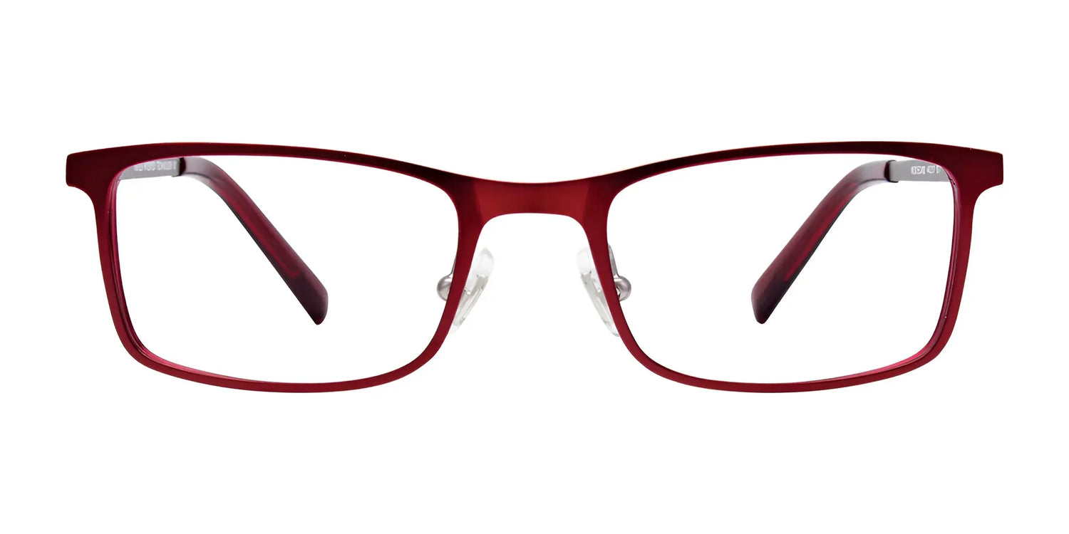 EasyClip EC492 Eyeglasses | Size 44 in red, rectangular shape with clear lenses for vision and comfort, displayed front-facing on a white background. EasyClip EC492 Eyeglasses | Size 44 in red, rectangular shape with clear lenses for vision and comfort, displayed front-facing on a white background.