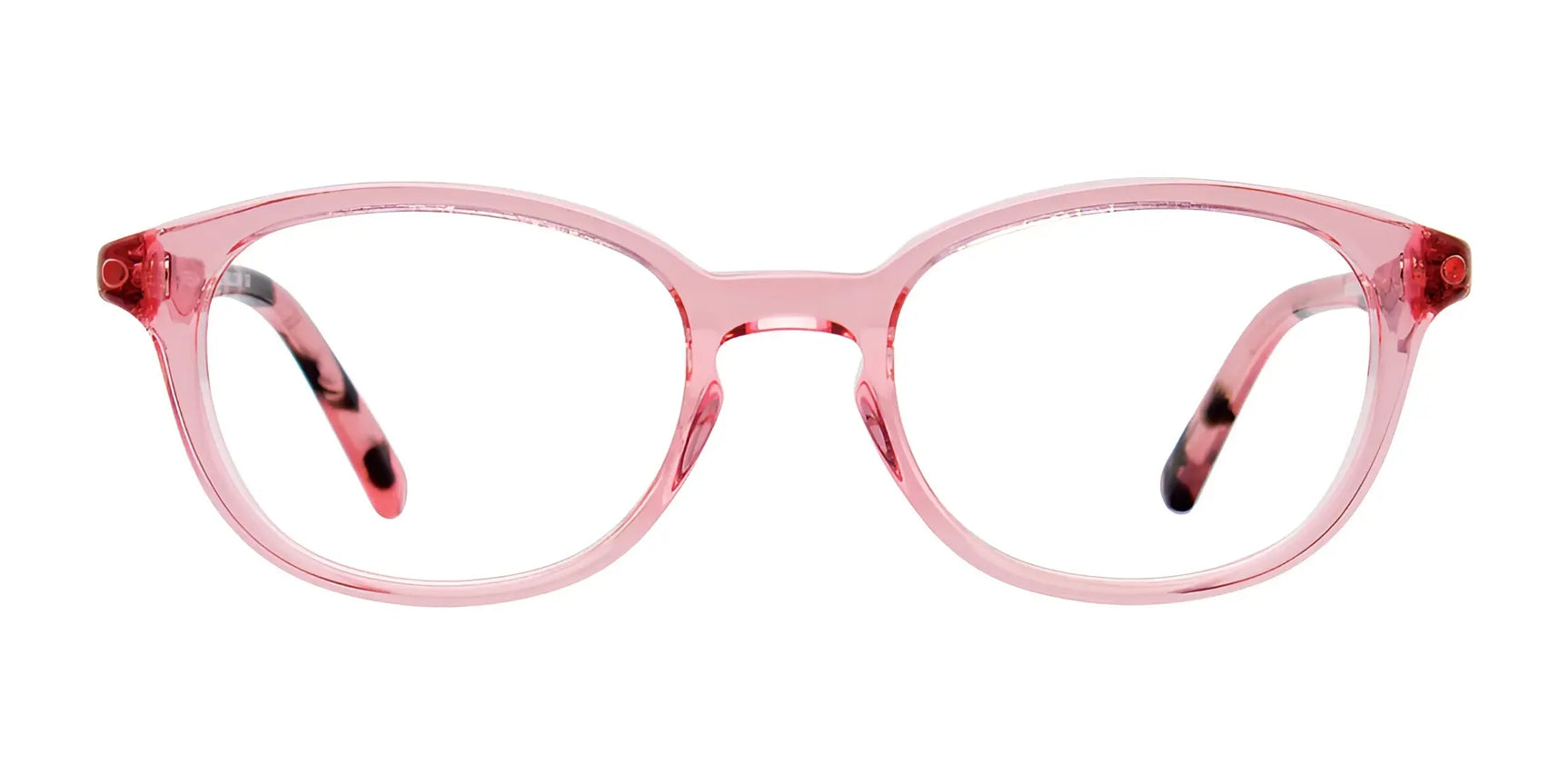 The EasyClip EC495 Eyeglasses for kids feature pink translucent, rounded frames, combining style and comfort for everyday wear. Shown on a white background. Prescription ready. Brand: EasyClip, Size: 45. The EasyClip EC495 Eyeglasses for kids feature pink translucent, rounded frames, combining style and comfort for everyday wear. Shown on a white background. Prescription ready. Brand: EasyClip, Size: 45.