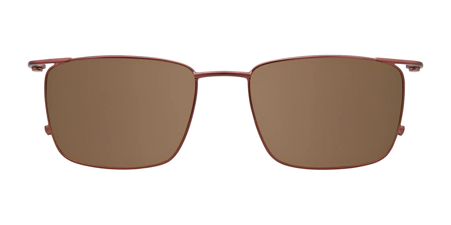 EasyClip EC496 Eyeglasses with Clip-on Sunglasses, size 55, feature a thin reddish-brown metal frame and brown rectangular clip-on lenses, shown from the front. EasyClip EC496 Eyeglasses with Clip-on Sunglasses, size 55, feature a thin reddish-brown metal frame and brown rectangular clip-on lenses, shown from the front.