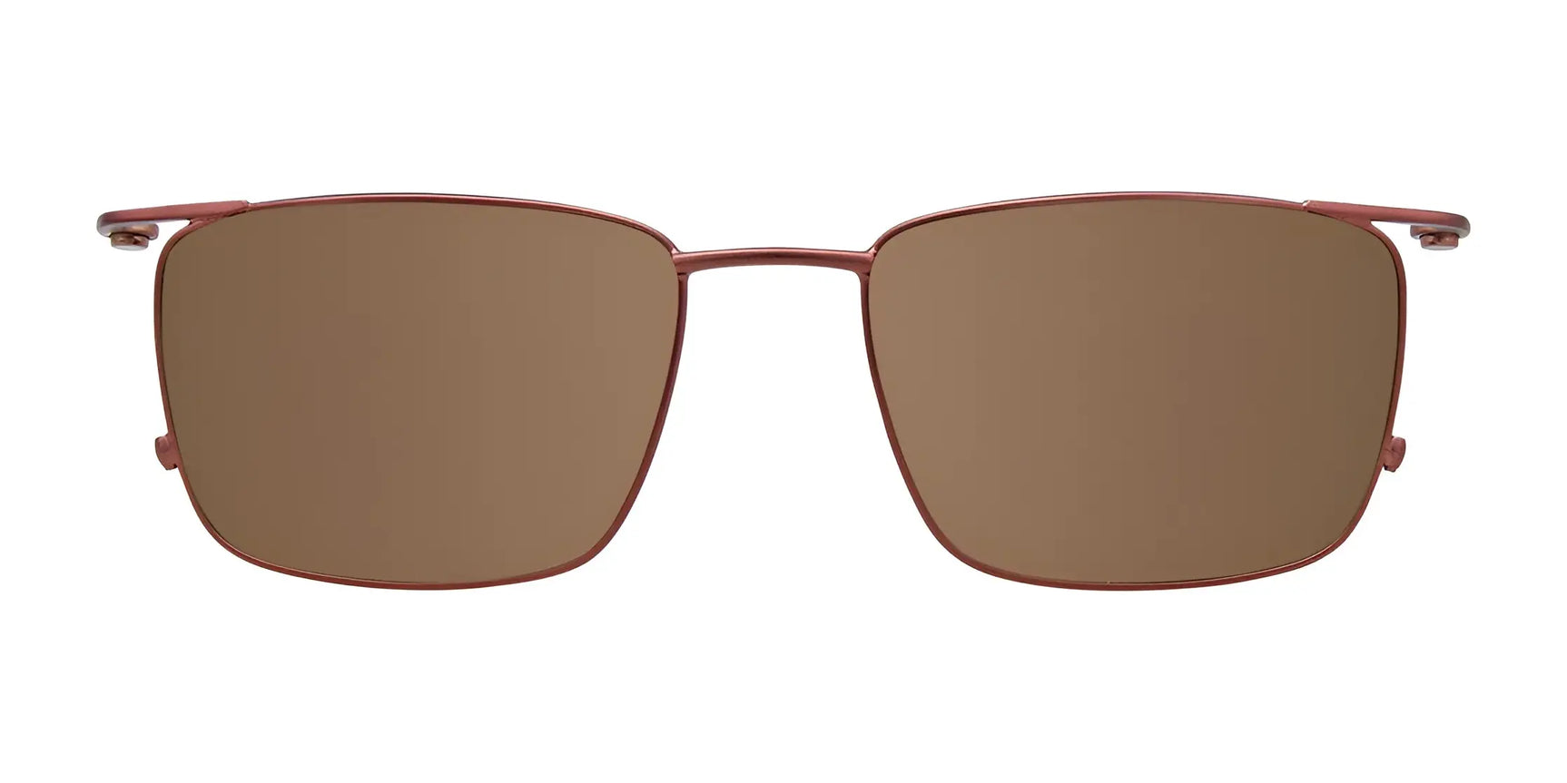 EasyClip EC496 Eyeglasses with Clip-on Sunglasses, size 55, feature a thin reddish-brown metal frame and brown rectangular clip-on lenses, shown from the front. EasyClip EC496 Eyeglasses with Clip-on Sunglasses, size 55, feature a thin reddish-brown metal frame and brown rectangular clip-on lenses, shown from the front.