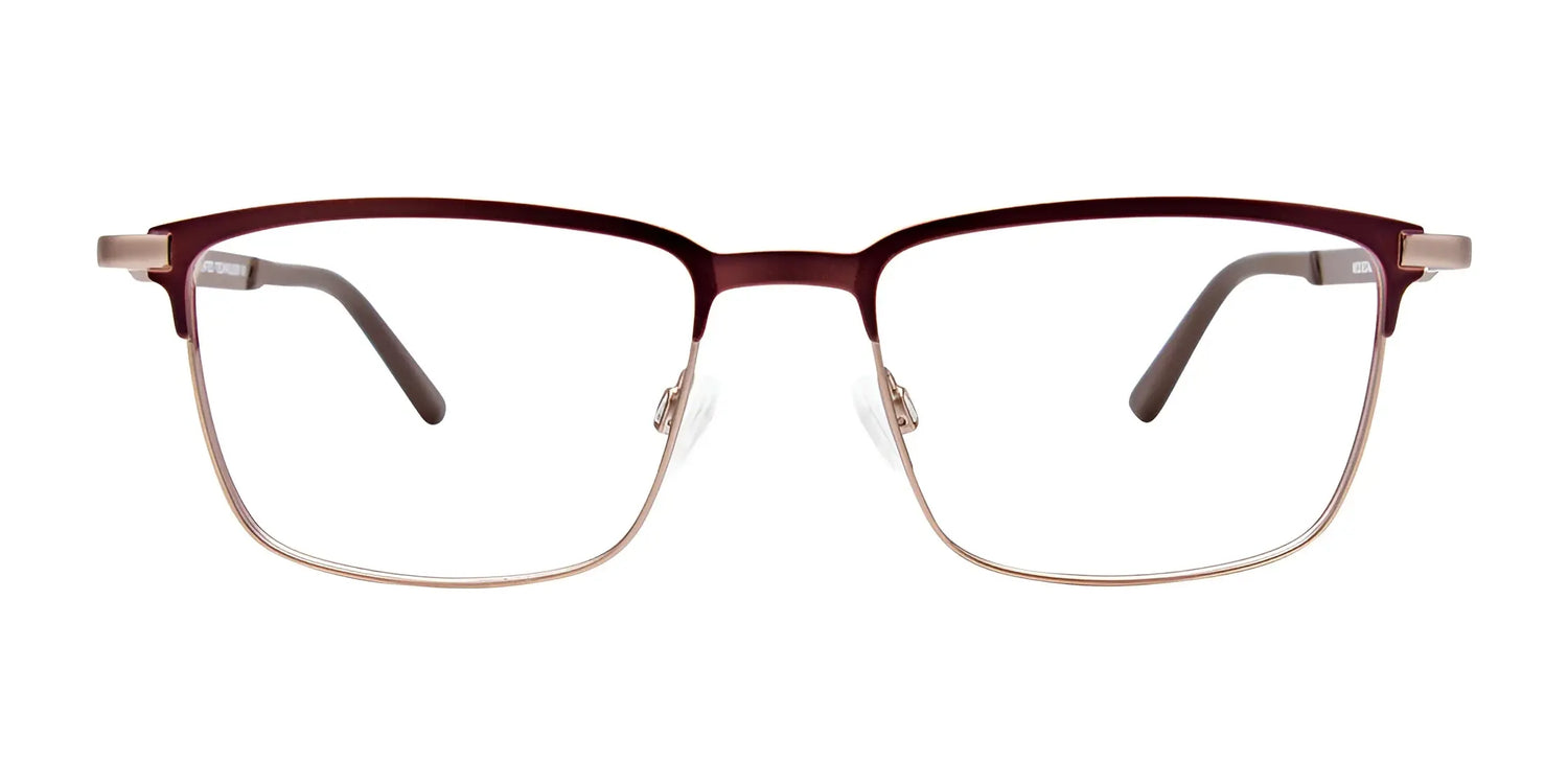 EasyClip EC496 Eyeglasses with thin, burgundy rectangular metal frames and clear lenses, size 55, designed to pair seamlessly with included clip-on sunglasses. Shown on a white background. EasyClip EC496 Eyeglasses with thin, burgundy rectangular metal frames and clear lenses, size 55, designed to pair seamlessly with included clip-on sunglasses. Shown on a white background.