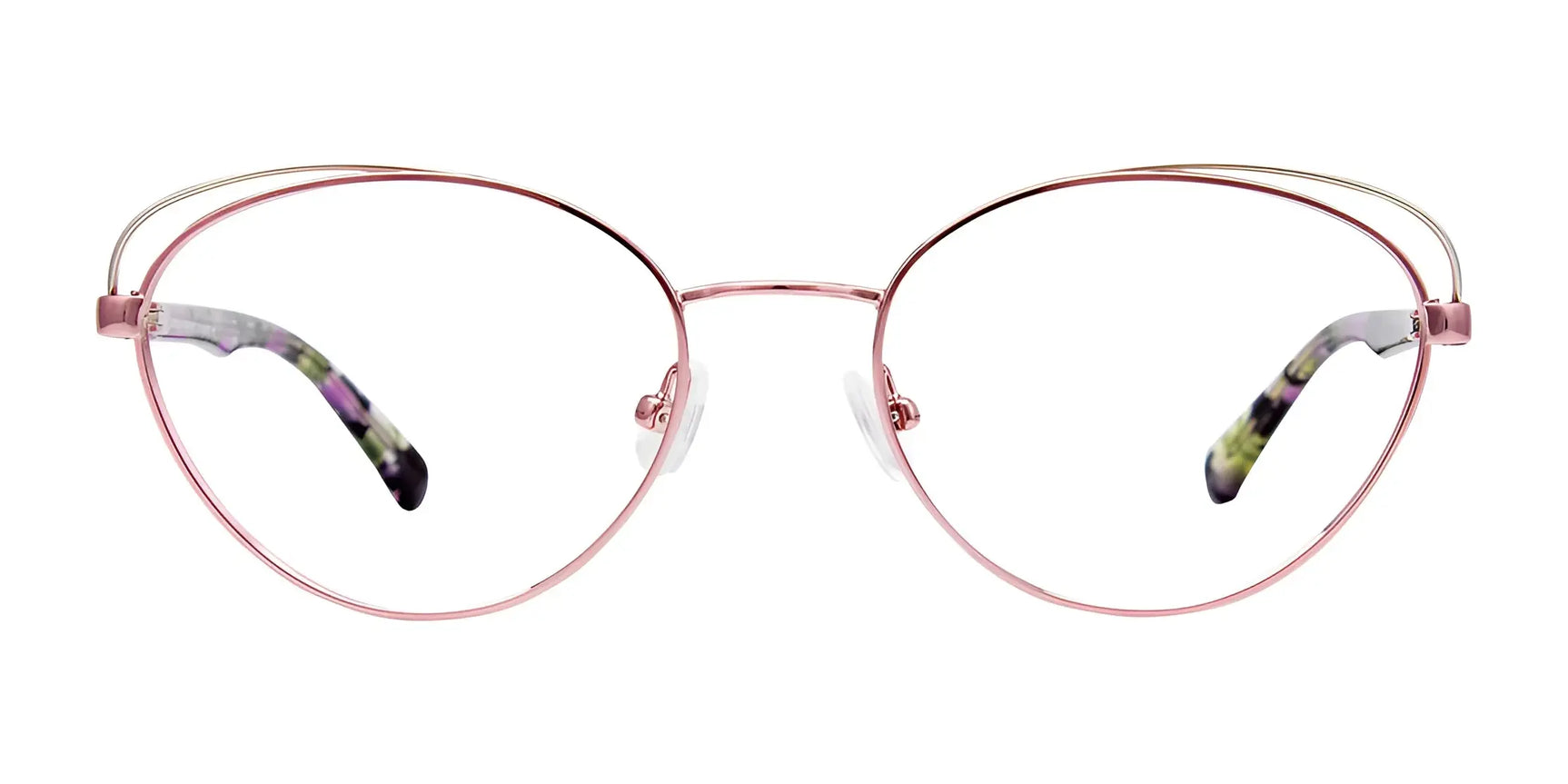 EasyClip EC501 eyeglasses by EasyClip feature a round, thin rose gold frame with clear nose pads, multicolored temple tips, and a clip-on sunglasses attachment. Shown on a white background. Size 51. EasyClip EC501 eyeglasses by EasyClip feature a round, thin rose gold frame with clear nose pads, multicolored temple tips, and a clip-on sunglasses attachment. Shown on a white background. Size 51.