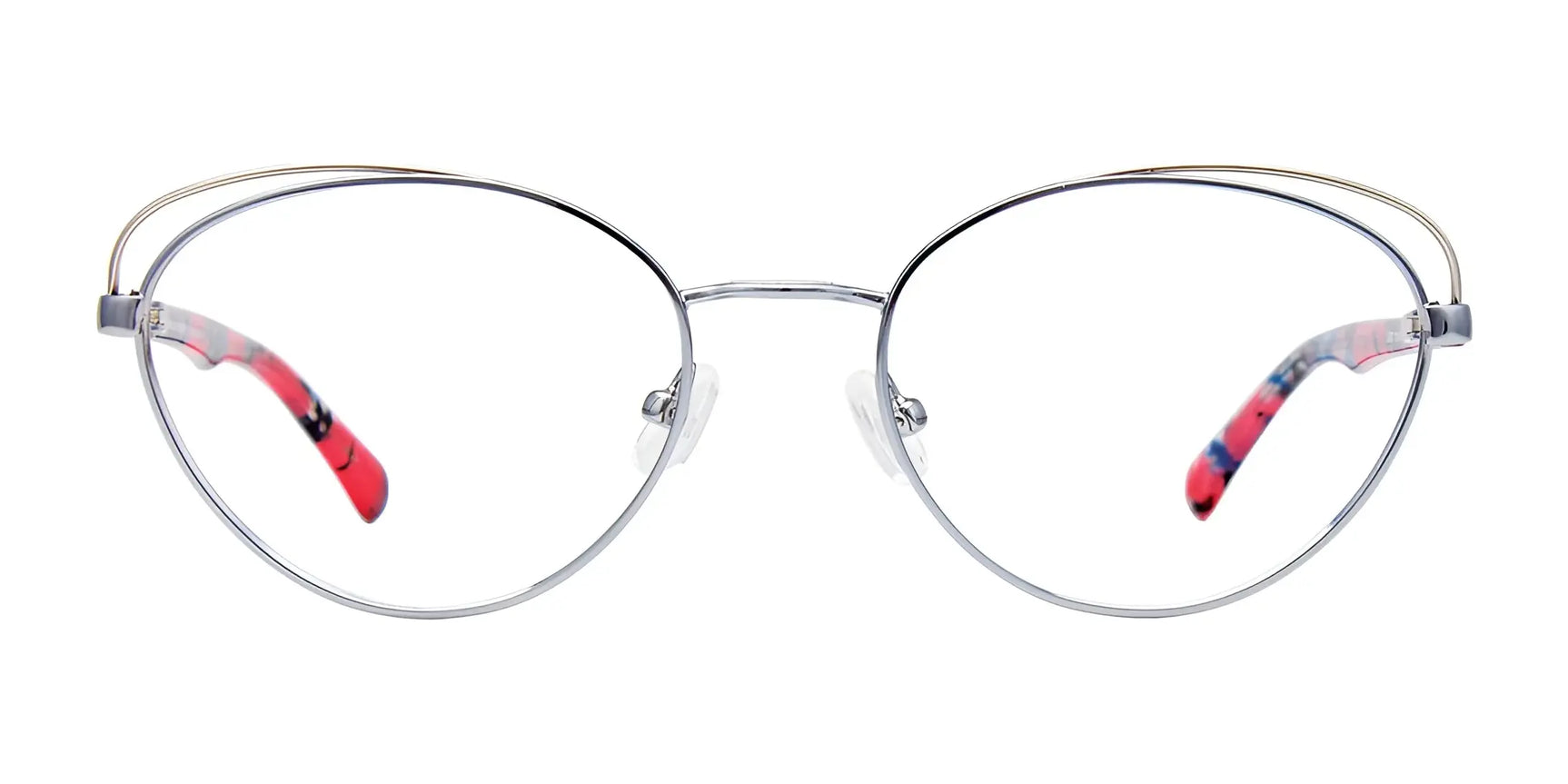 EasyClip EC501 Eyeglasses by EasyClip in size 51 feature silver round thin metal frames with red and blue patterned temple tips, plus a convenient clip-on sunglasses attachment, shown on a white background. EasyClip EC501 Eyeglasses by EasyClip in size 51 feature silver round thin metal frames with red and blue patterned temple tips, plus a convenient clip-on sunglasses attachment, shown on a white background.