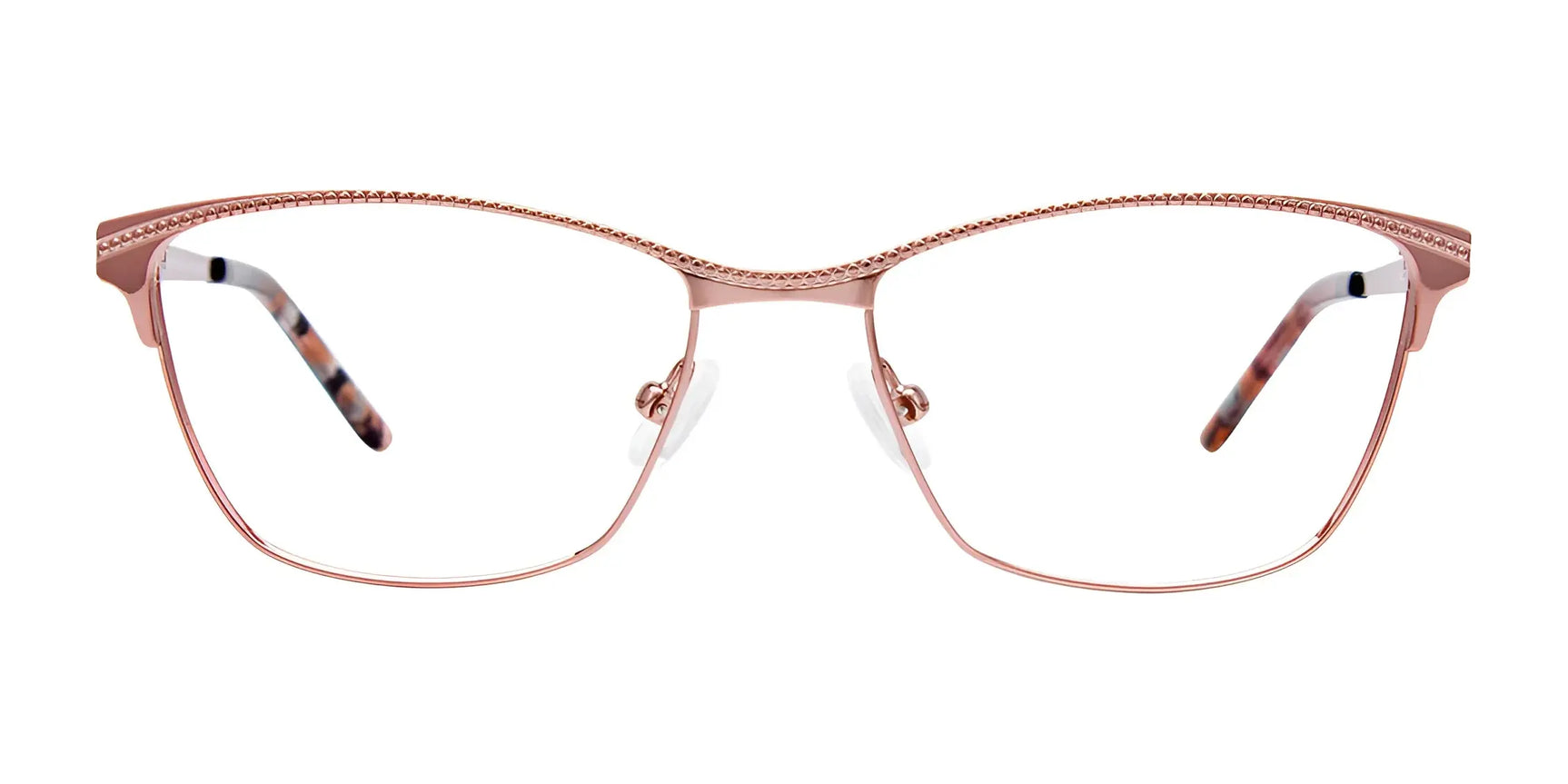 The EasyClip EC502 Eyeglasses by EasyClip feature rose gold, semi-rimless cat-eye frames with a decorative top edge and tortoiseshell-patterned arms, and come with a convenient polarized clip-on sunglasses attachment. The EasyClip EC502 Eyeglasses by EasyClip feature rose gold, semi-rimless cat-eye frames with a decorative top edge and tortoiseshell-patterned arms, and come with a convenient polarized clip-on sunglasses attachment.