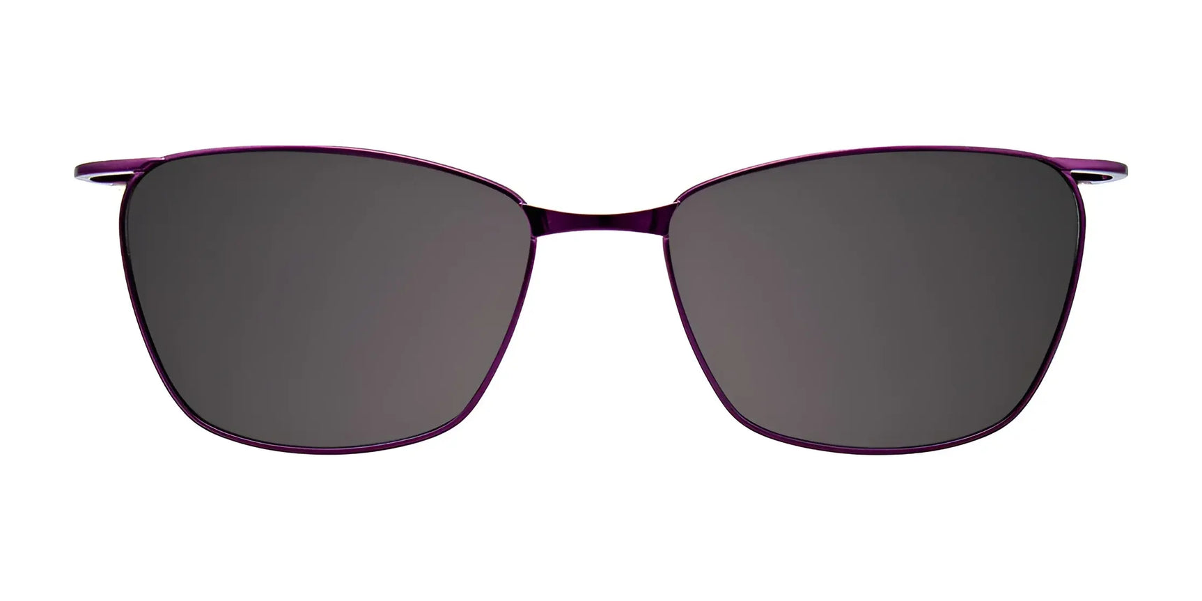 Front view of EasyClip EC502 eyeglasses with clip-on cat eye sunglasses, featuring dark lenses and a thin purple metal frame. Front view of EasyClip EC502 eyeglasses with clip-on cat eye sunglasses, featuring dark lenses and a thin purple metal frame.