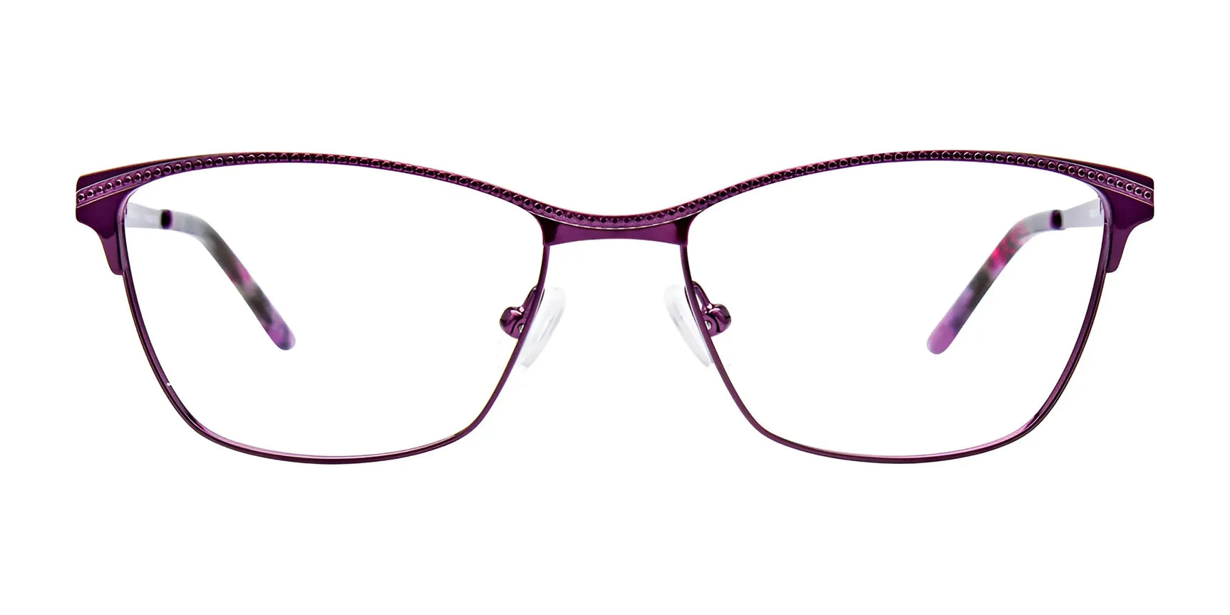 EasyClip EC502 Eyeglasses with Clip-on Sunglasses (Size 51) by EasyClip, featuring thin purple rectangular frames and nose pads, shown on a white background. EasyClip EC502 Eyeglasses with Clip-on Sunglasses (Size 51) by EasyClip, featuring thin purple rectangular frames and nose pads, shown on a white background.