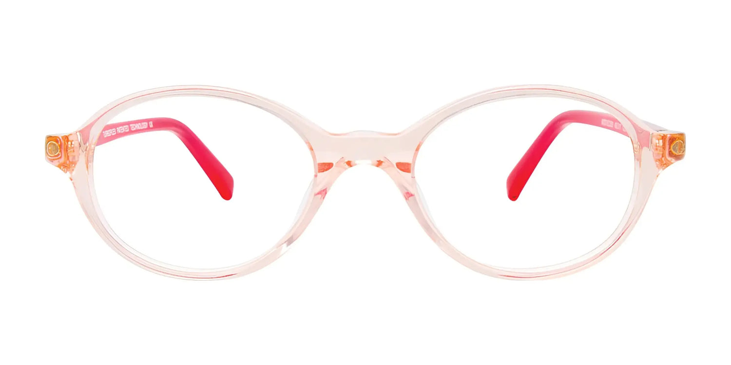 EasyClip EC505 Eyeglasses by EasyClip in size 43 feature clear round light pink frames with bright pink temple tips, shown on a white background—stylish and designed for everyday comfort. EasyClip EC505 Eyeglasses by EasyClip in size 43 feature clear round light pink frames with bright pink temple tips, shown on a white background—stylish and designed for everyday comfort.