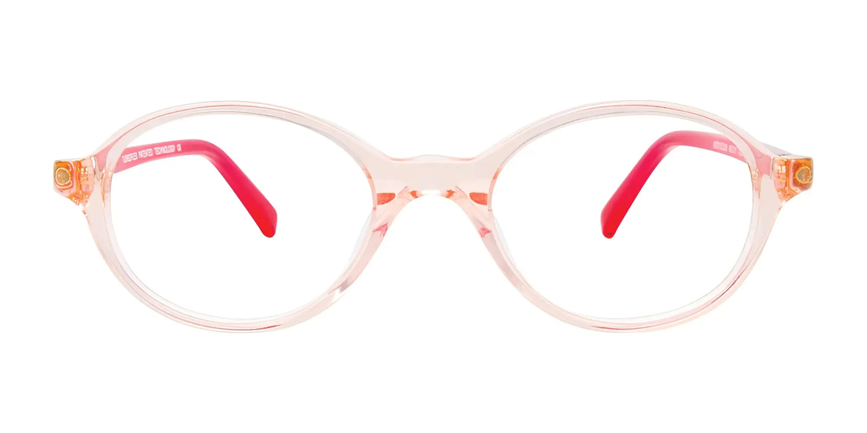 EasyClip EC505 Eyeglasses by EasyClip in size 43 feature clear round light pink frames with bright pink temple tips, shown on a white background—stylish and designed for everyday comfort. EasyClip EC505 Eyeglasses by EasyClip in size 43 feature clear round light pink frames with bright pink temple tips, shown on a white background—stylish and designed for everyday comfort.