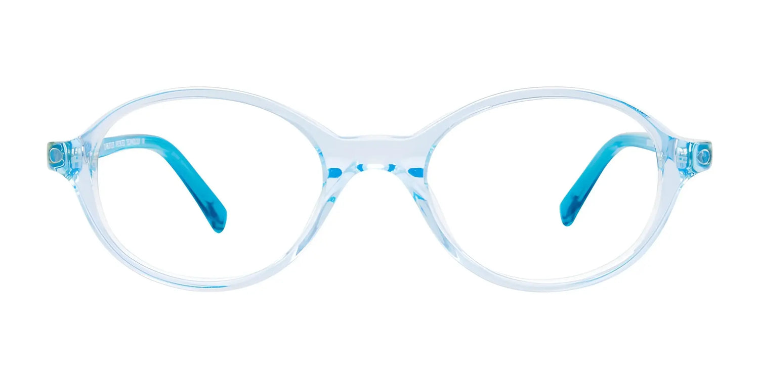The EasyClip EC505 Eyeglasses | Size 43 by EasyClip feature light blue round frames with clear rims and blue temples, shown front view on a white background—delivering a modern, stylish look. The EasyClip EC505 Eyeglasses | Size 43 by EasyClip feature light blue round frames with clear rims and blue temples, shown front view on a white background—delivering a modern, stylish look.