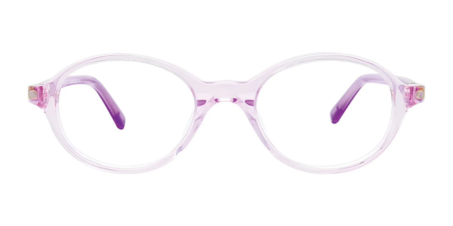 EasyClip EC505 Eyeglasses | Size 43 by EasyClip feature round, translucent pink frames and purple temples. Shown on a white background, these stylish glasses add a vibrant touch to any outfit. EasyClip EC505 Eyeglasses | Size 43 by EasyClip feature round, translucent pink frames and purple temples. Shown on a white background, these stylish glasses add a vibrant touch to any outfit.