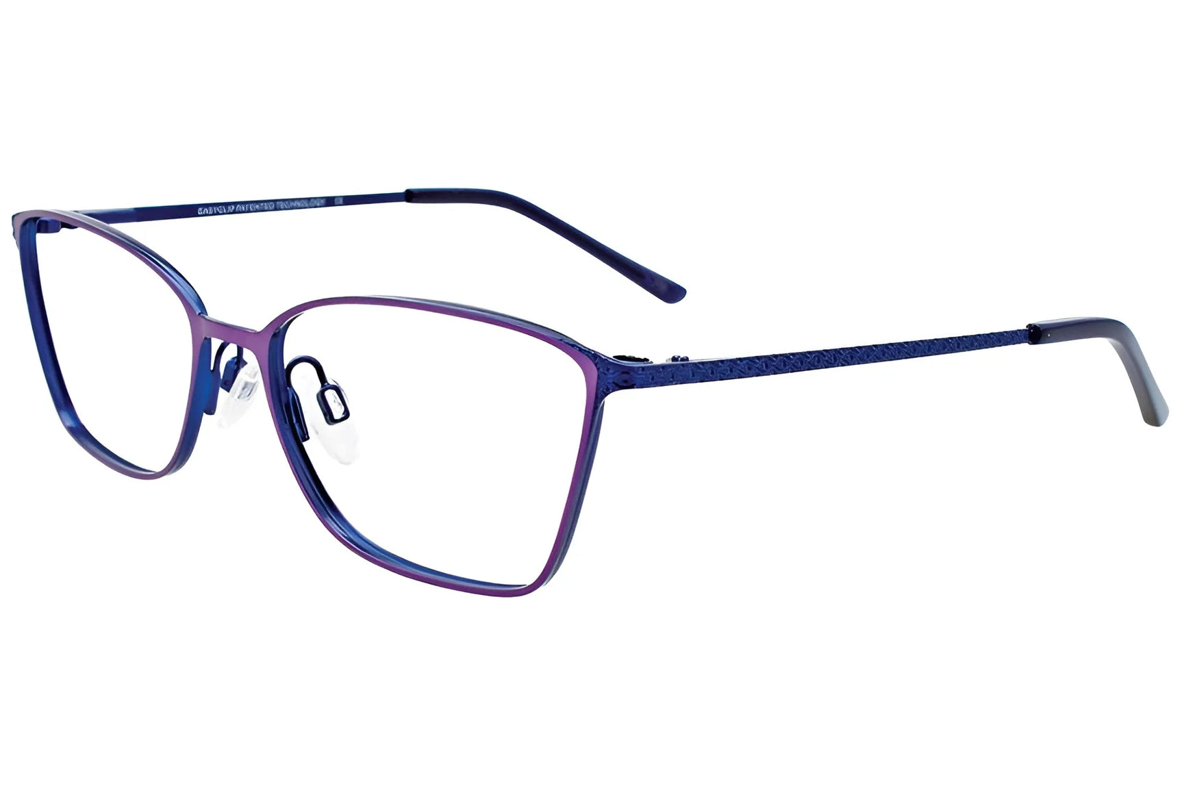 The EasyClip EC507 Eyeglasses by EasyClip, in Satin Purple & Dark Blue with rectangular lenses and adjustable nose pads, feature durable frames and a comfortable fit, shown on a white background. Size 53. The EasyClip EC507 Eyeglasses by EasyClip, in Satin Purple & Dark Blue with rectangular lenses and adjustable nose pads, feature durable frames and a comfortable fit, shown on a white background. Size 53.