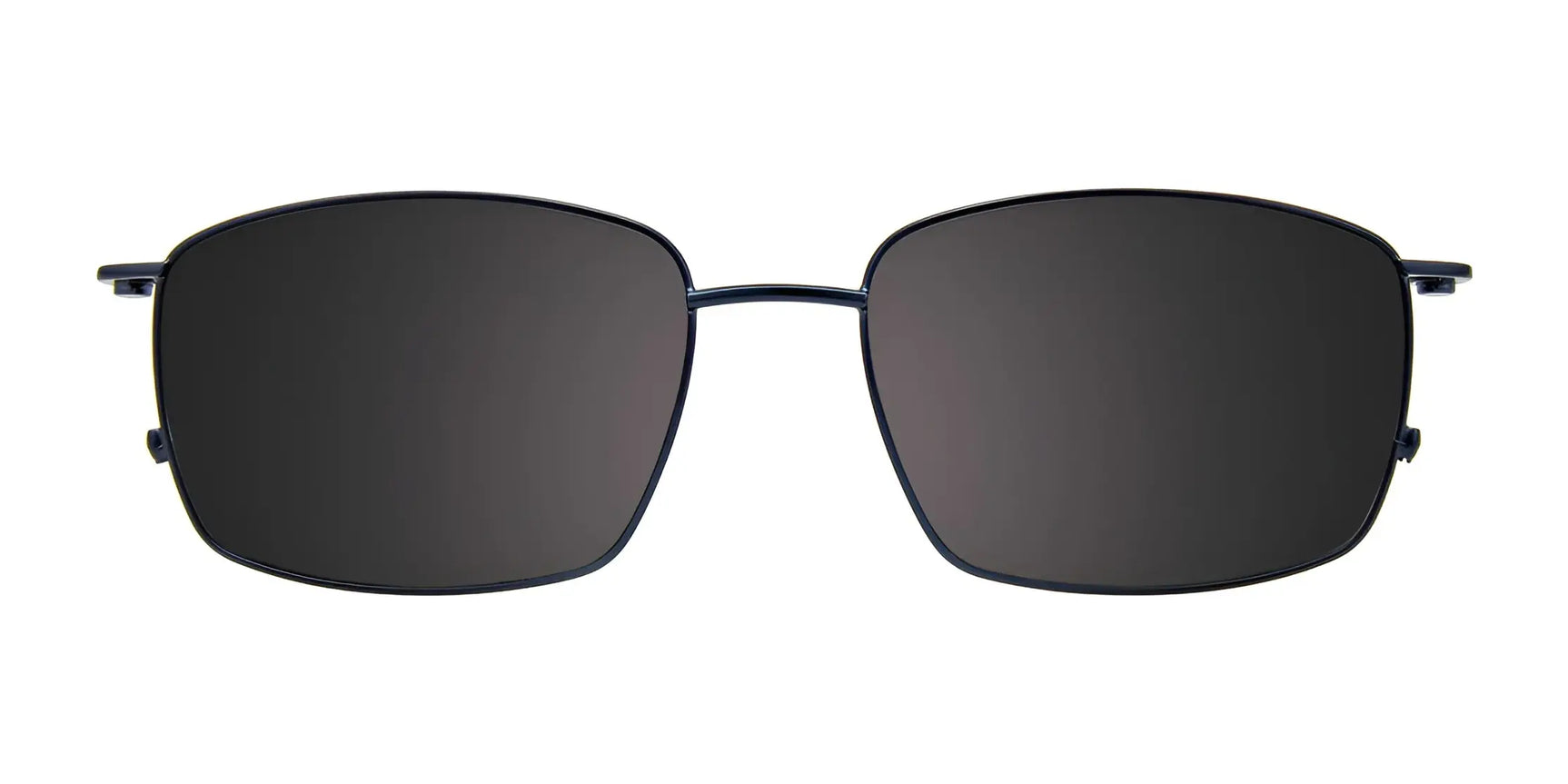 EasyClip EC510 Eyeglasses with Clip-on Sunglasses by EasyClip, size 56, feature rectangular black frames and dark polarized clip-on lenses with thin metal construction, shown on a white background. EasyClip EC510 Eyeglasses with Clip-on Sunglasses by EasyClip, size 56, feature rectangular black frames and dark polarized clip-on lenses with thin metal construction, shown on a white background.
