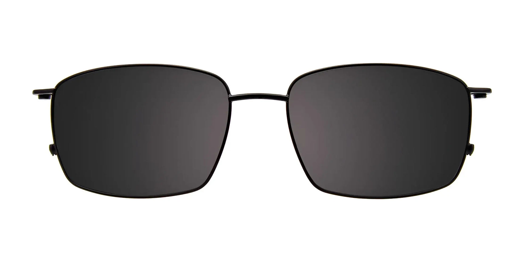 EasyClip EC510 Eyeglasses with Clip-on Sunglasses, size 56, by EasyClip, featuring a black rectangular frame and dark polarized lenses on a white background. EasyClip EC510 Eyeglasses with Clip-on Sunglasses, size 56, by EasyClip, featuring a black rectangular frame and dark polarized lenses on a white background.