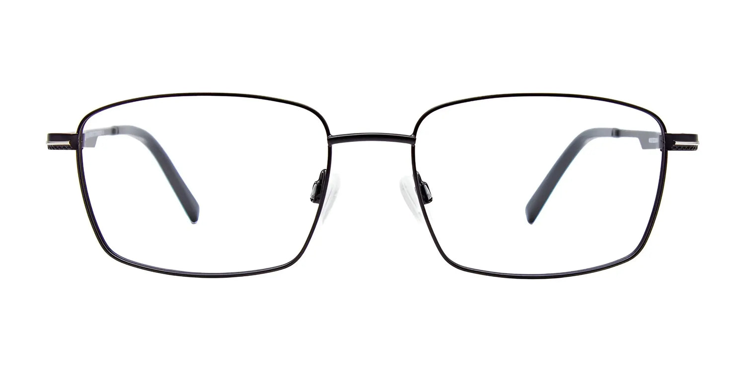 EasyClip EC510 Eyeglasses by EasyClip feature black rectangular frames with clear lenses, shown front-facing on a white background. Includes clip-on sunglasses for added convenience. Size 56. EasyClip EC510 Eyeglasses by EasyClip feature black rectangular frames with clear lenses, shown front-facing on a white background. Includes clip-on sunglasses for added convenience. Size 56.