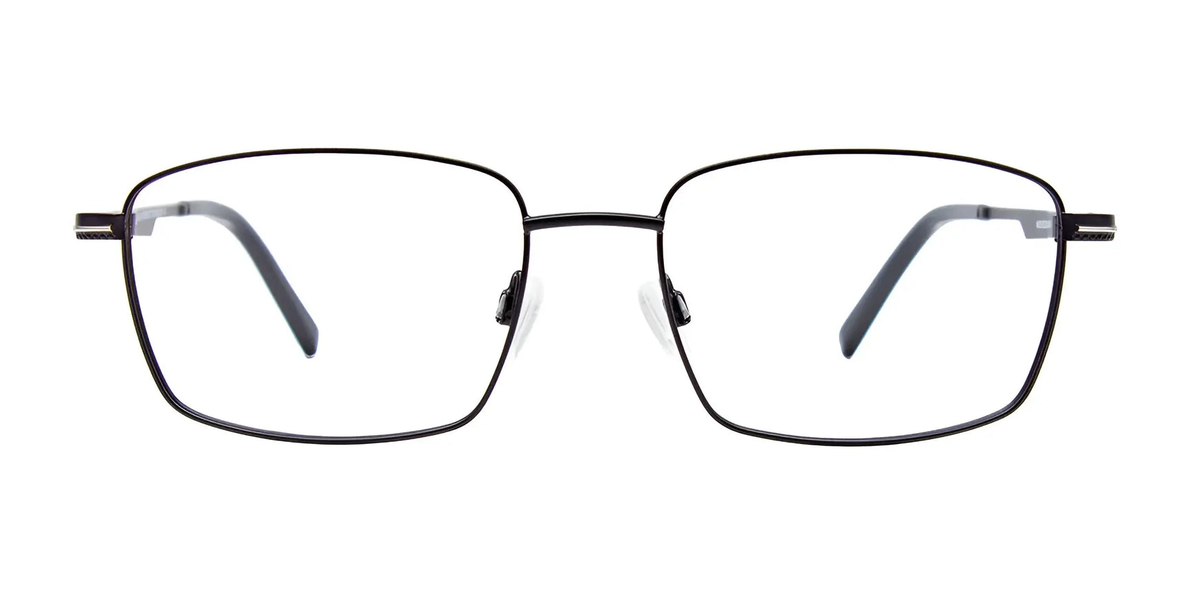 EasyClip EC510 Eyeglasses by EasyClip feature black rectangular frames with clear lenses, shown front-facing on a white background. Includes clip-on sunglasses for added convenience. Size 56. EasyClip EC510 Eyeglasses by EasyClip feature black rectangular frames with clear lenses, shown front-facing on a white background. Includes clip-on sunglasses for added convenience. Size 56.