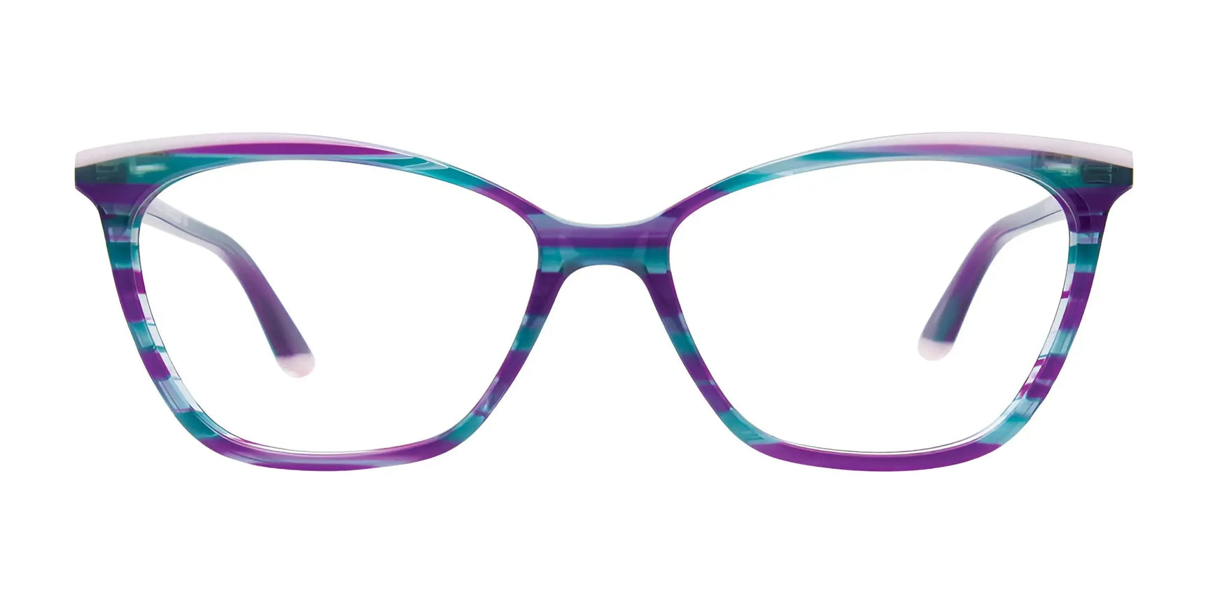 EasyClip EC511 eyeglasses by EasyClip, size 53, in purple and teal with clear lenses and a chic cat eye shape, shown on a white background. Includes clip-on sunglasses. EasyClip EC511 eyeglasses by EasyClip, size 53, in purple and teal with clear lenses and a chic cat eye shape, shown on a white background. Includes clip-on sunglasses.