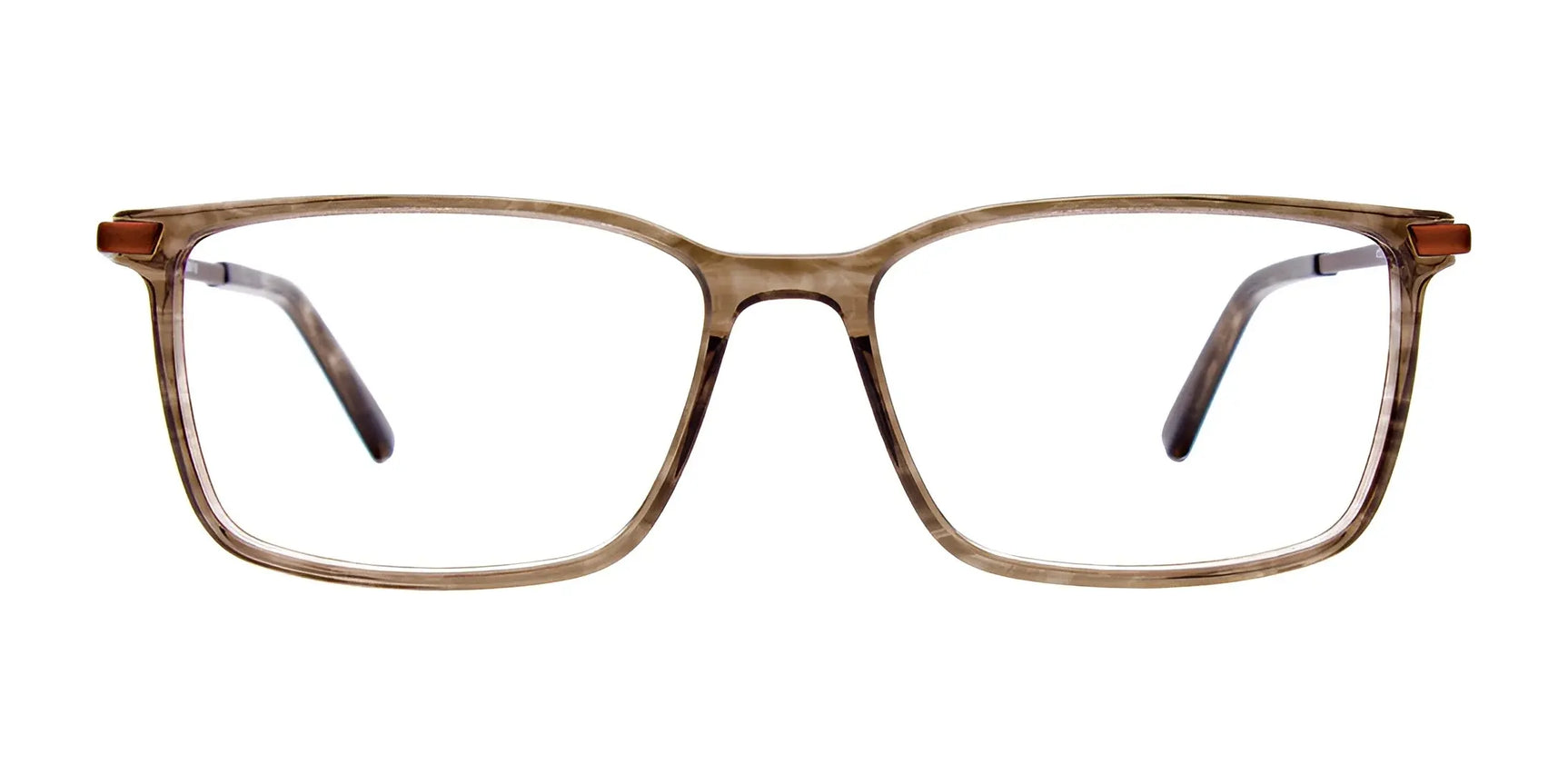 EasyClip EC512 Eyeglasses (Size 53) by EasyClip—clear brown rectangular frames with a subtle marbled pattern. Shown on white background and includes convenient clip-on sunglasses. EasyClip EC512 Eyeglasses (Size 53) by EasyClip—clear brown rectangular frames with a subtle marbled pattern. Shown on white background and includes convenient clip-on sunglasses.