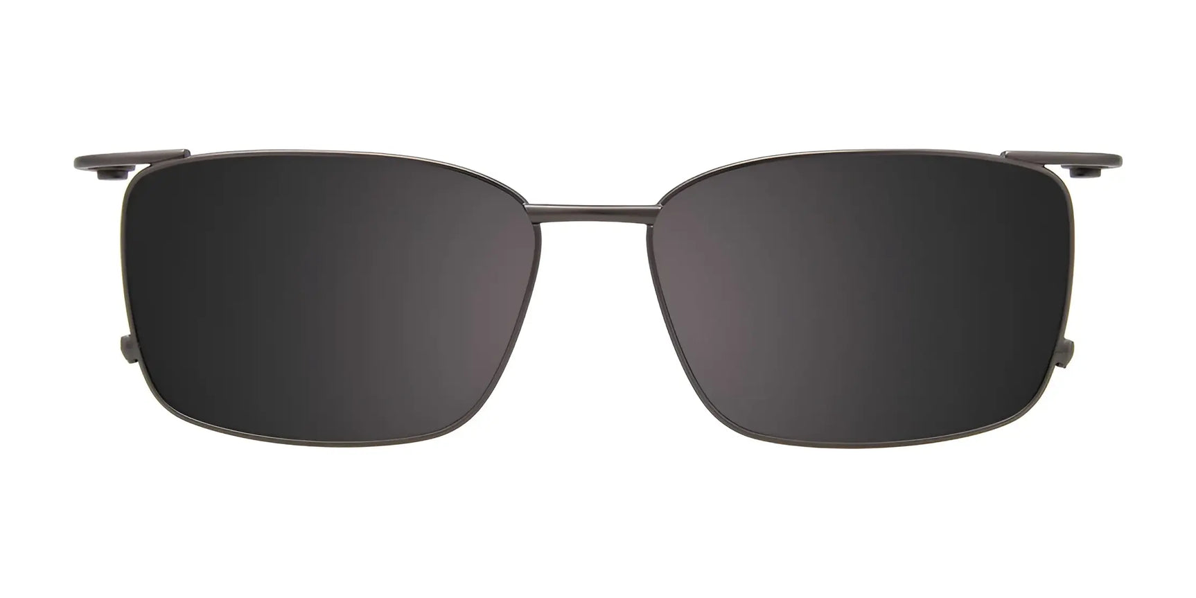 EasyClip EC512 Eyeglasses with Clip-on Sunglasses, size 53, by EasyClip. Features black rectangular frames with a thin metal design and dark polarized clip-on lenses, shown from the front on a white background. EasyClip EC512 Eyeglasses with Clip-on Sunglasses, size 53, by EasyClip. Features black rectangular frames with a thin metal design and dark polarized clip-on lenses, shown from the front on a white background.