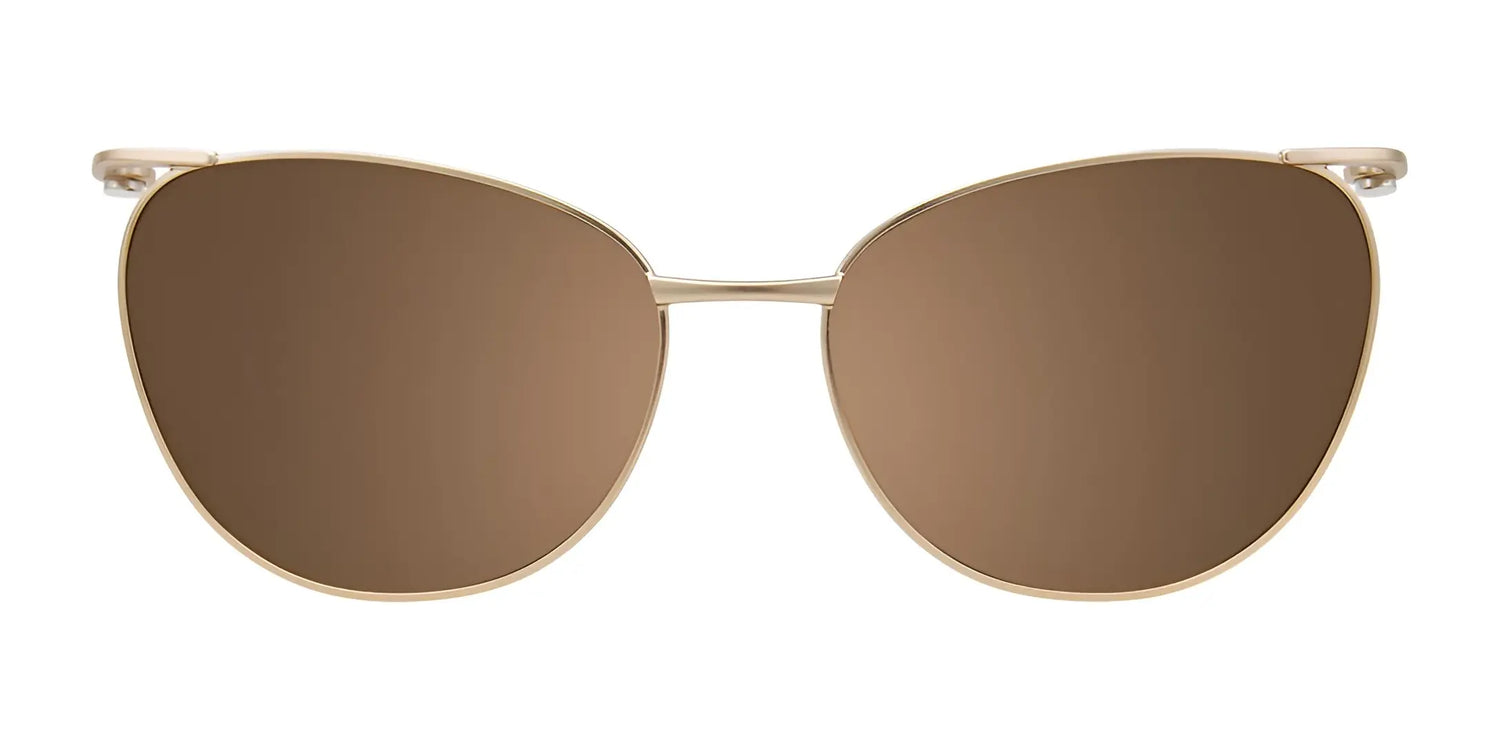 EasyClip EC515 Eyeglasses by EasyClip, size 52, shown with gold frame and large rounded brown polarized clip-on sunglasses against a white background. EasyClip EC515 Eyeglasses by EasyClip, size 52, shown with gold frame and large rounded brown polarized clip-on sunglasses against a white background.