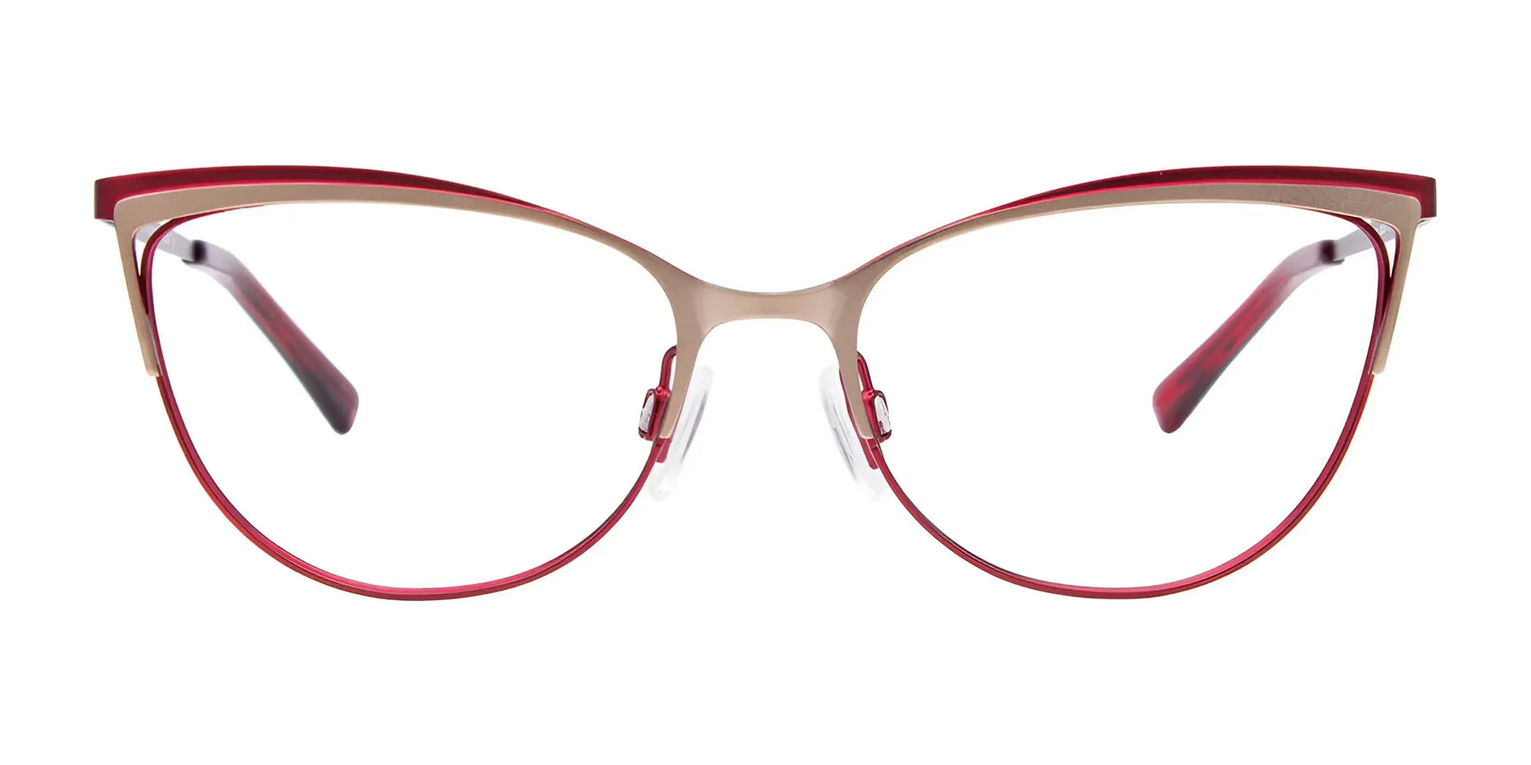 EasyClip EC515 eyeglasses in red and gold cat-eye style with clear nose pads, shown from the front on a white background. Clip-on sunglasses included. Size 52. EasyClip EC515 eyeglasses in red and gold cat-eye style with clear nose pads, shown from the front on a white background. Clip-on sunglasses included. Size 52.