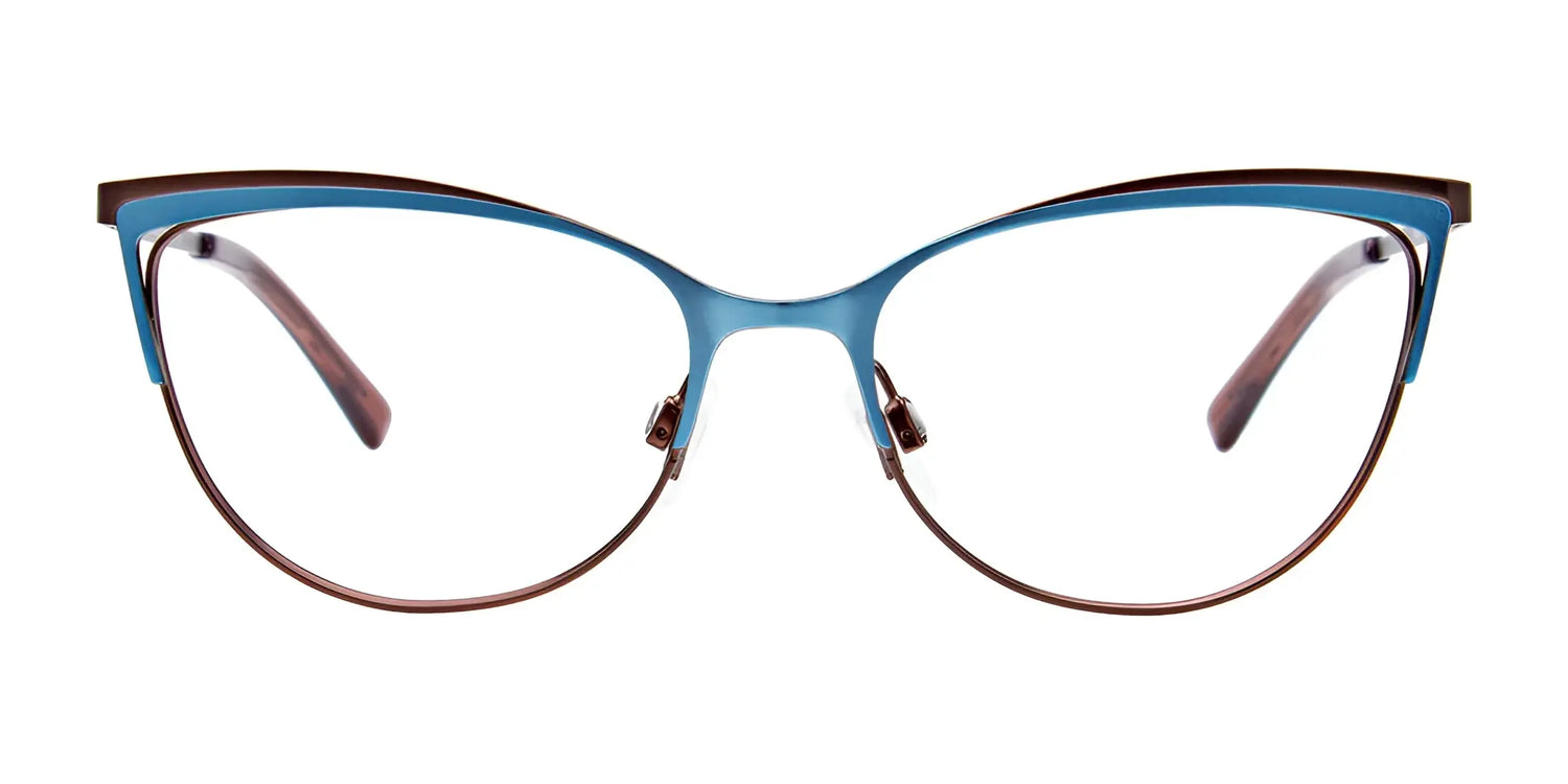EasyClip EC515 eyeglasses by EasyClip, size 52, feature cat-eye blue and brown frames. Shown front view on white—these stylish frames are compatible with clip-on sunglasses for added convenience. EasyClip EC515 eyeglasses by EasyClip, size 52, feature cat-eye blue and brown frames. Shown front view on white—these stylish frames are compatible with clip-on sunglasses for added convenience.