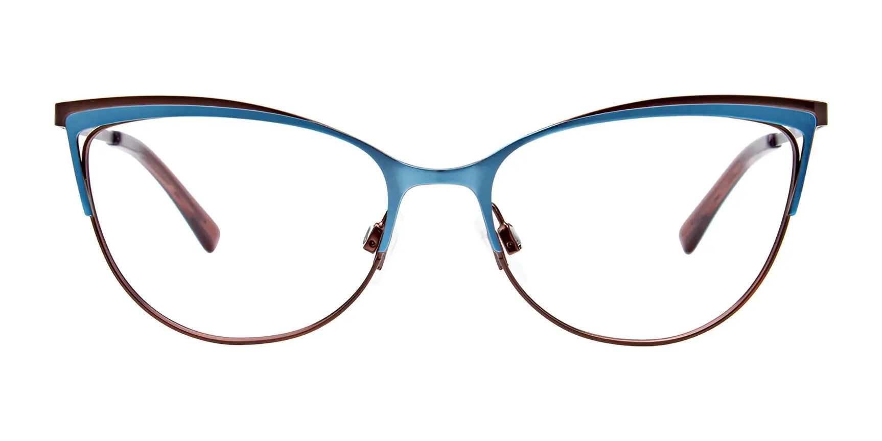 EasyClip EC515 eyeglasses by EasyClip, size 52, feature cat-eye blue and brown frames. Shown front view on white—these stylish frames are compatible with clip-on sunglasses for added convenience. EasyClip EC515 eyeglasses by EasyClip, size 52, feature cat-eye blue and brown frames. Shown front view on white—these stylish frames are compatible with clip-on sunglasses for added convenience.