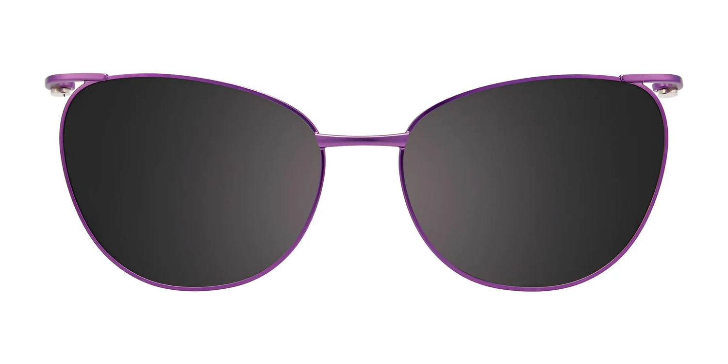 EasyClip EC515 Eyeglasses with Clip-on Sunglasses by EasyClip, size 52, shown from the front on a white background. Features purple rims and dark polarized clip-on lenses. EasyClip EC515 Eyeglasses with Clip-on Sunglasses by EasyClip, size 52, shown from the front on a white background. Features purple rims and dark polarized clip-on lenses.