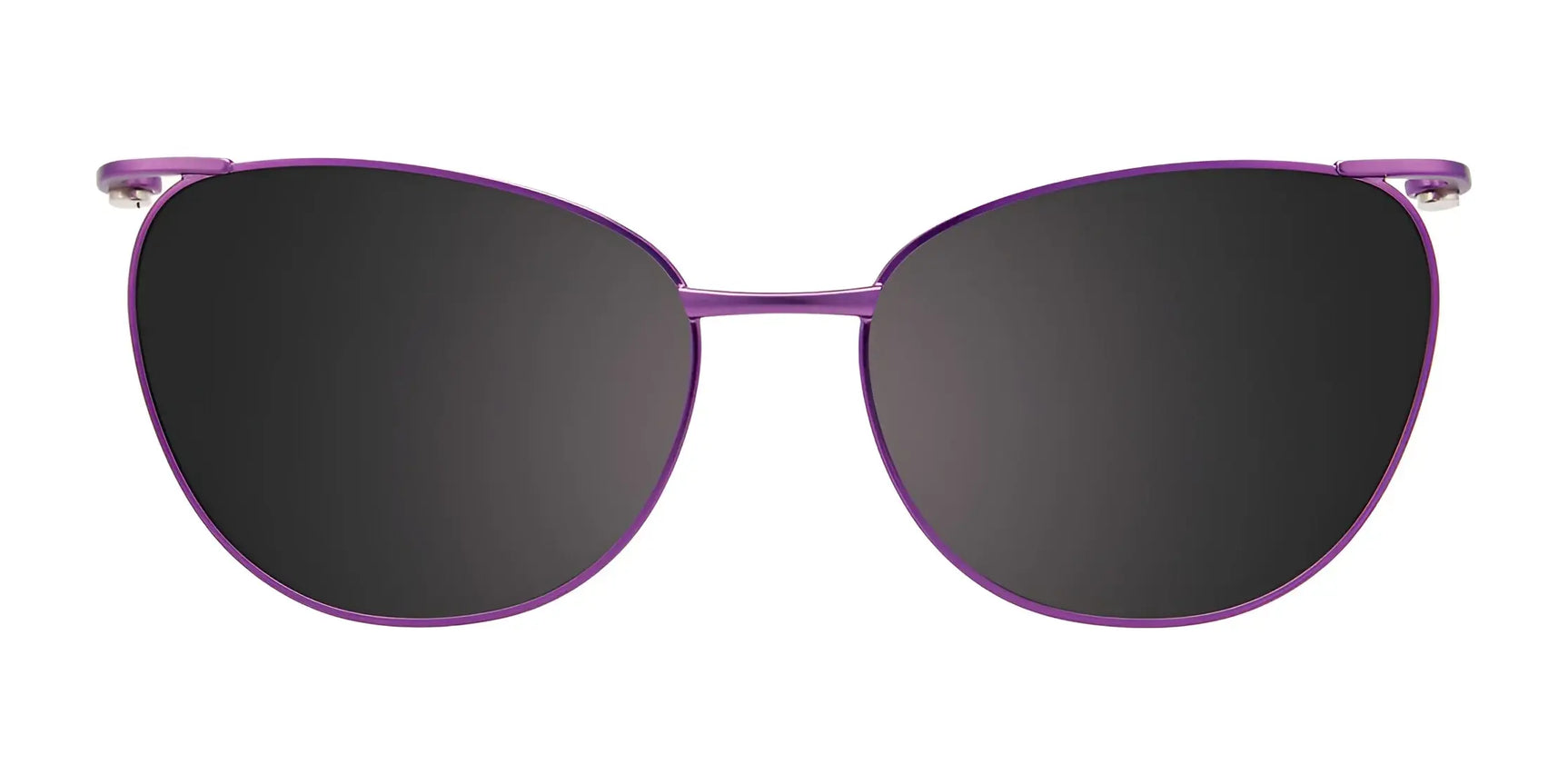 EasyClip EC515 Eyeglasses with Clip-on Sunglasses by EasyClip, size 52, shown from the front on a white background. Features purple rims and dark polarized clip-on lenses. EasyClip EC515 Eyeglasses with Clip-on Sunglasses by EasyClip, size 52, shown from the front on a white background. Features purple rims and dark polarized clip-on lenses.