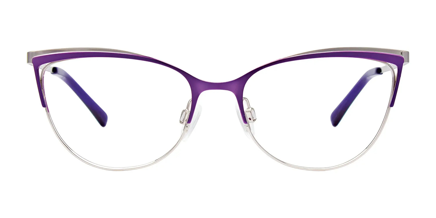 EasyClip EC515 eyeglasses by EasyClip, size 52, with a purple and silver metal cat-eye frame, shown from the front on a white background. Includes clip-on sunglasses. EasyClip EC515 eyeglasses by EasyClip, size 52, with a purple and silver metal cat-eye frame, shown from the front on a white background. Includes clip-on sunglasses.