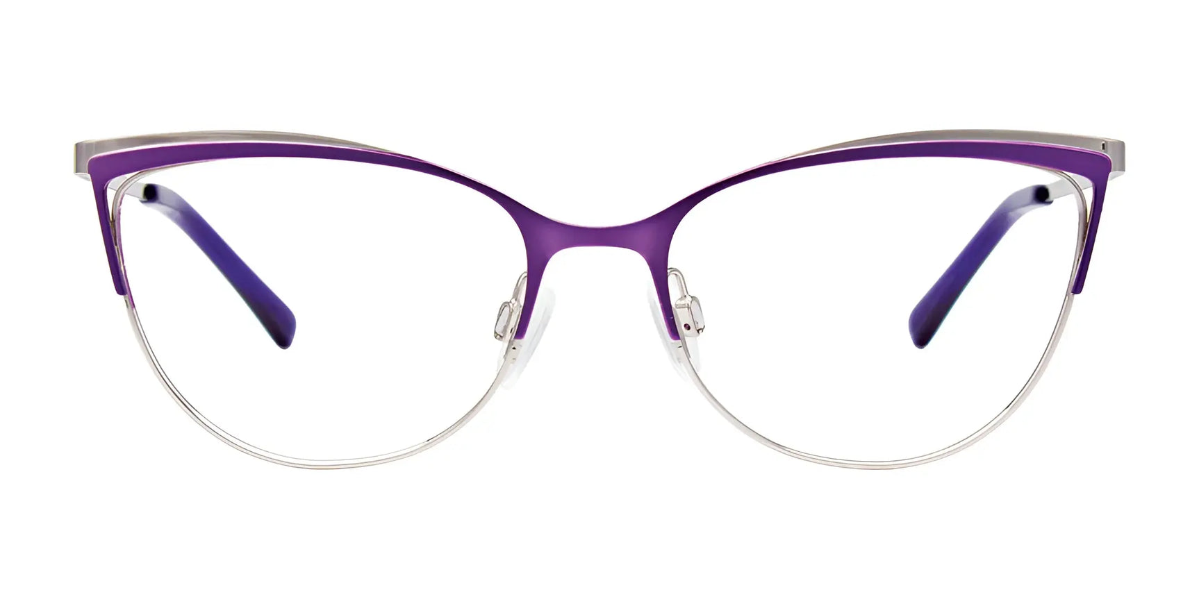EasyClip EC515 eyeglasses by EasyClip, size 52, with a purple and silver metal cat-eye frame, shown from the front on a white background. Includes clip-on sunglasses. EasyClip EC515 eyeglasses by EasyClip, size 52, with a purple and silver metal cat-eye frame, shown from the front on a white background. Includes clip-on sunglasses.